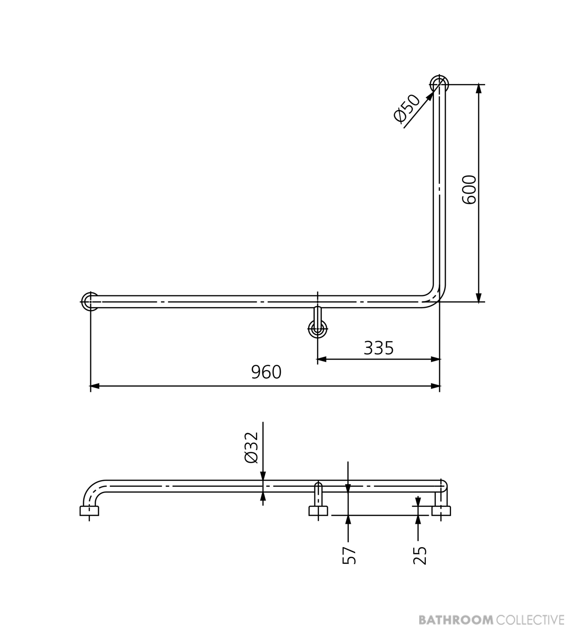 Oliveri Holdfast 90 Degree Grab Rail (Left Hand), Stainless
