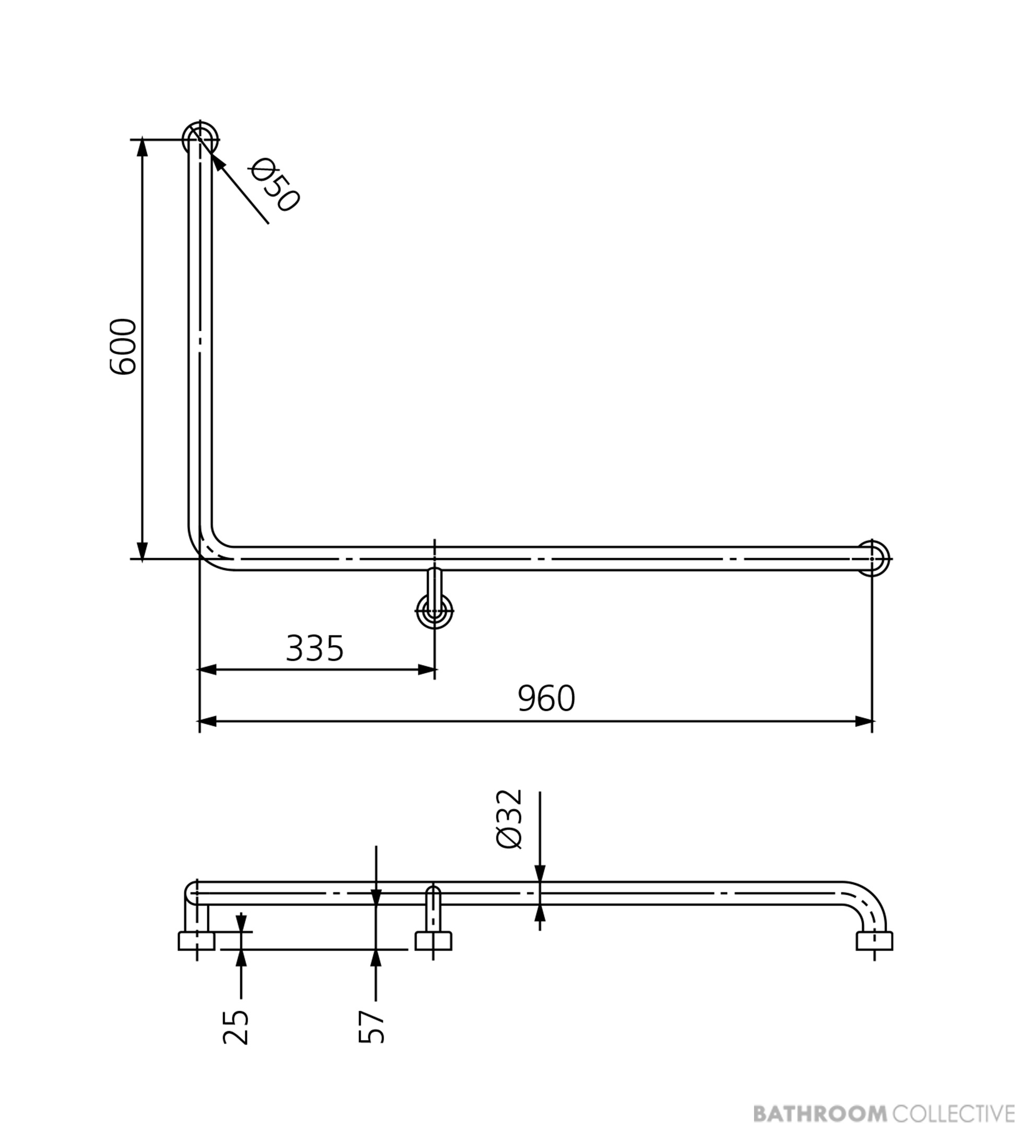 Oliveri Holdfast 90 Degree Grab Rail (Right Hand), Stainless
