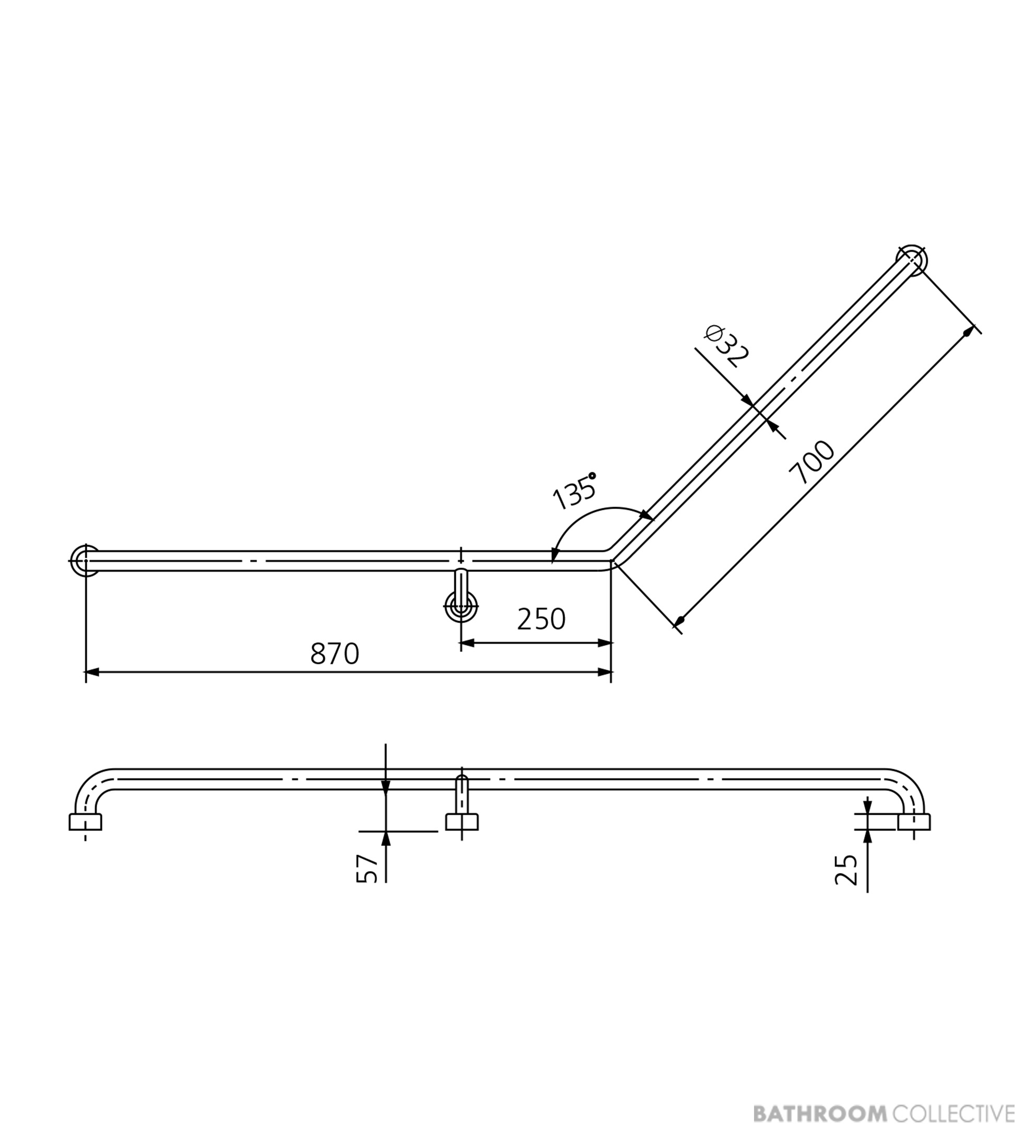 Oliveri Holdfast 135 Degree Grab Rail (Left Hand), Stainless