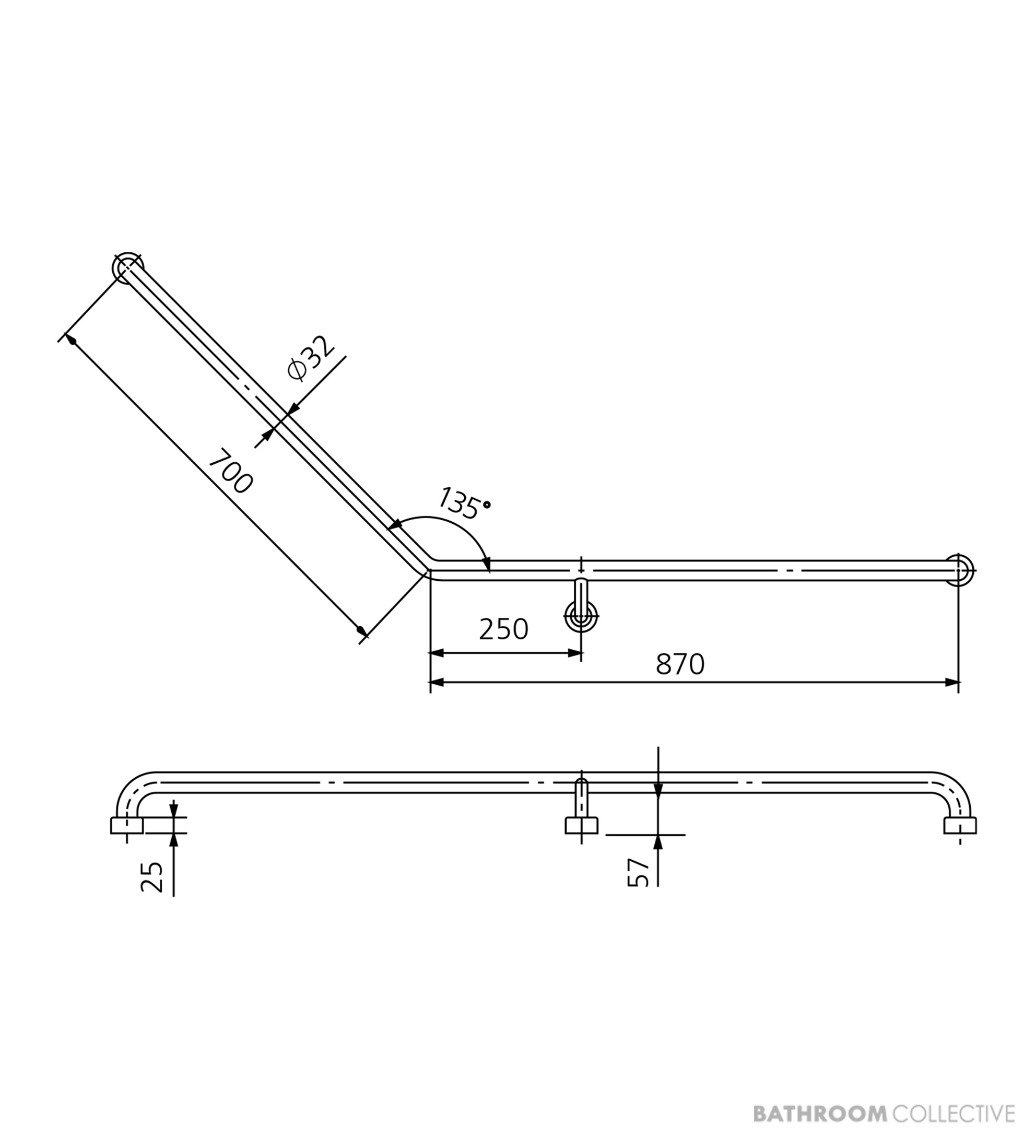 Oliveri Holdfast 135 Degree Grab Rail (Right Hand), Stainless