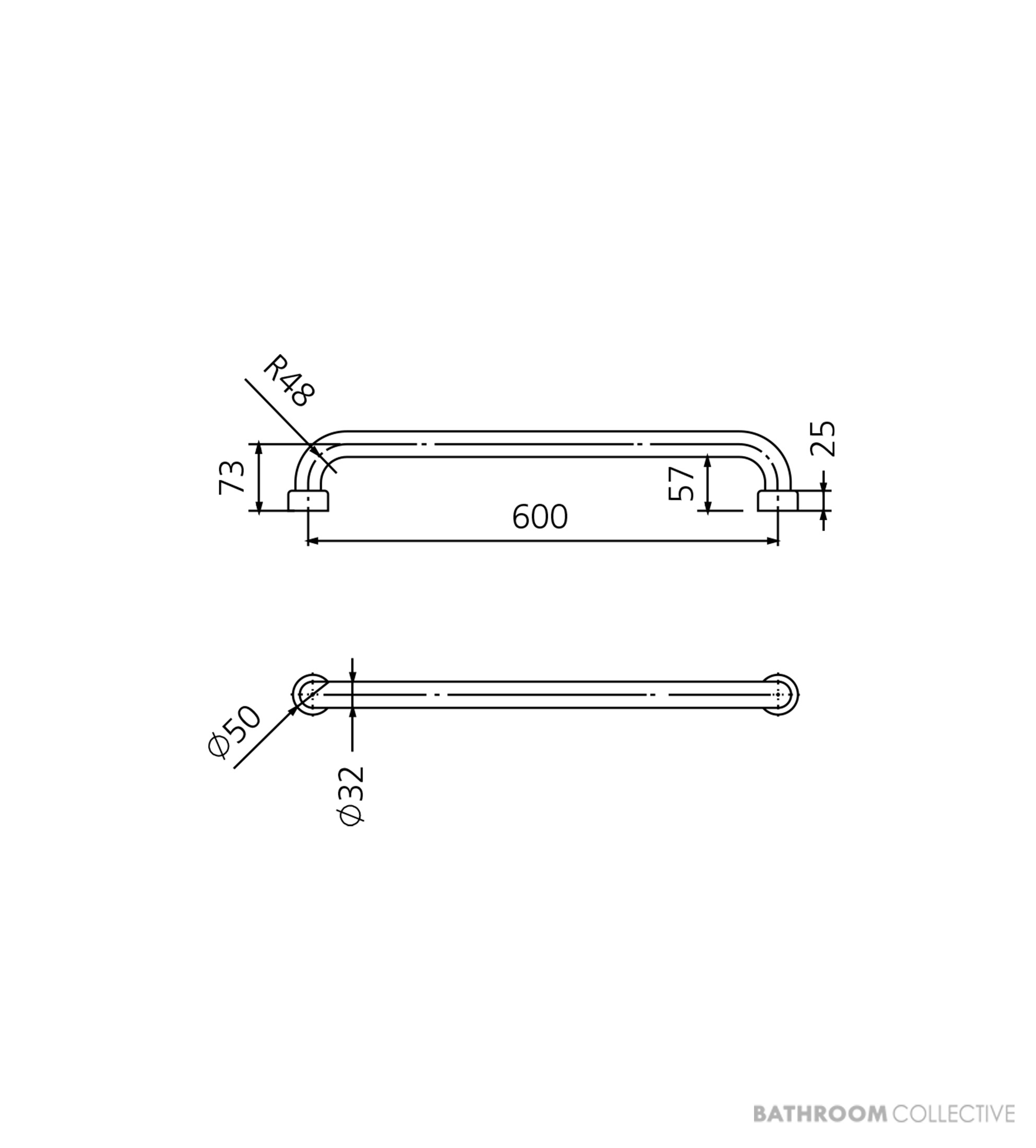 Oliveri Holdfast Straight 600mm Grab Rail, Stainless