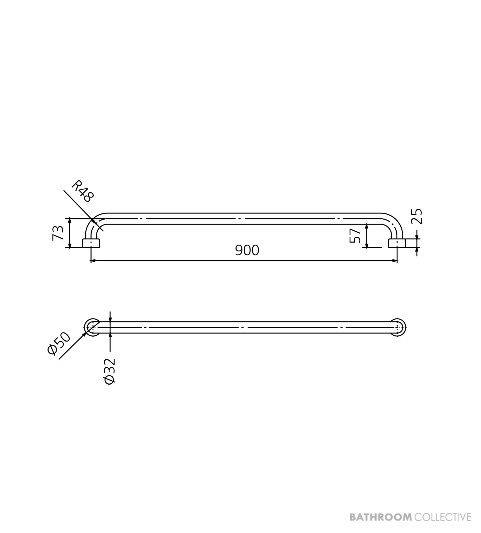Oliveri Holdfast Straight 900mm Grab Rail, Stainless