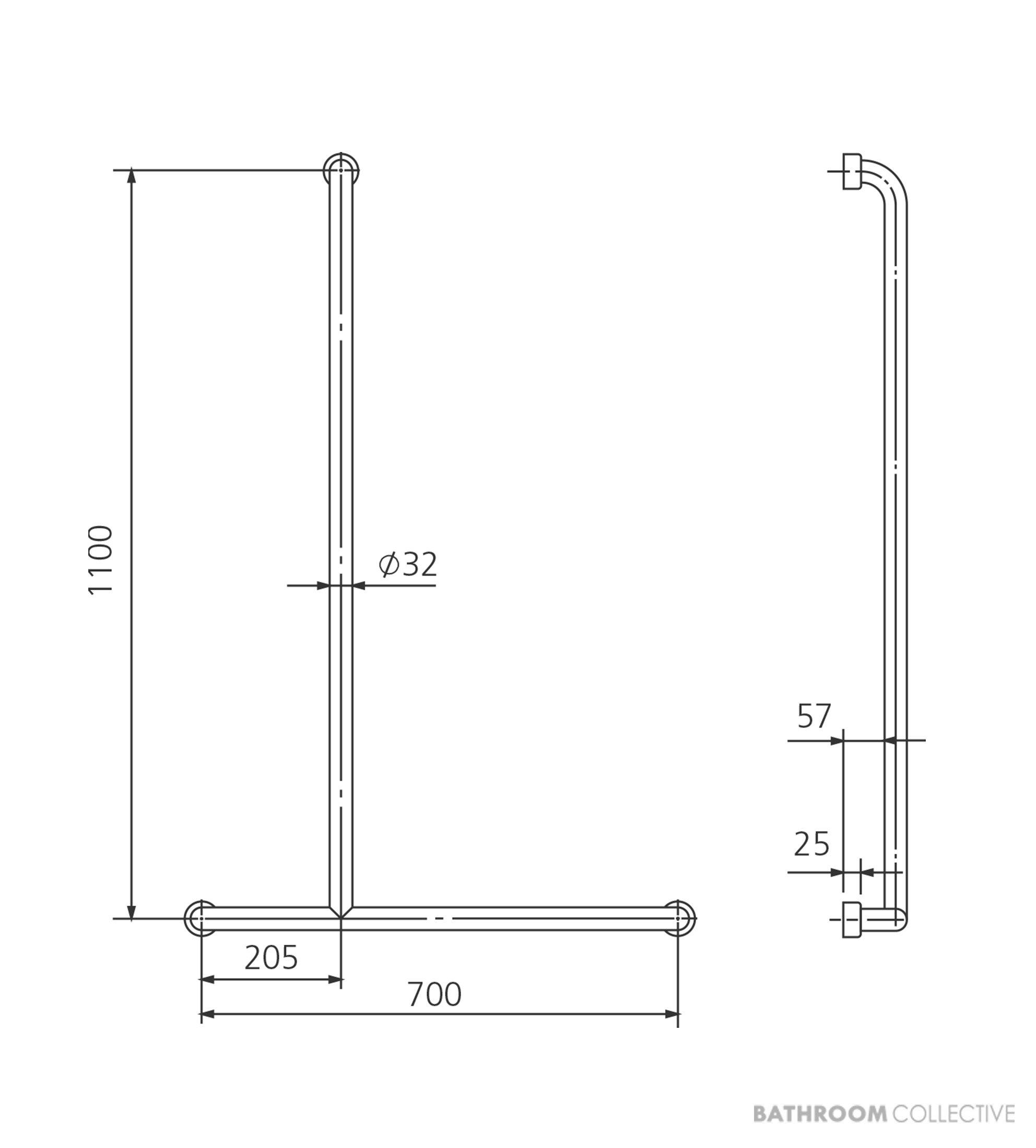 Oliveri Holdfast Inverted T Shower Rail (Left Hand), Stainless