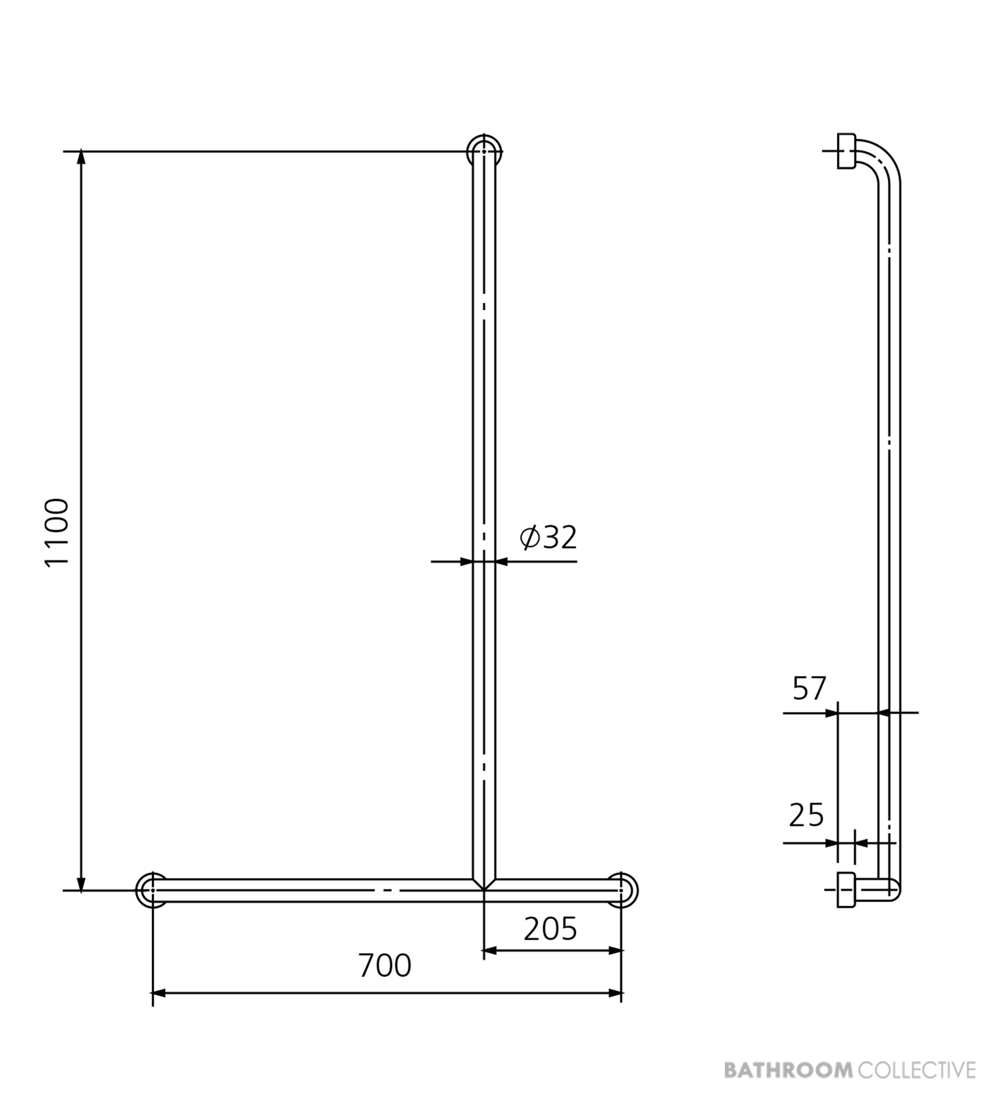 Oliveri Holdfast Inverted T Shower Rail (Right Hand), Stainless