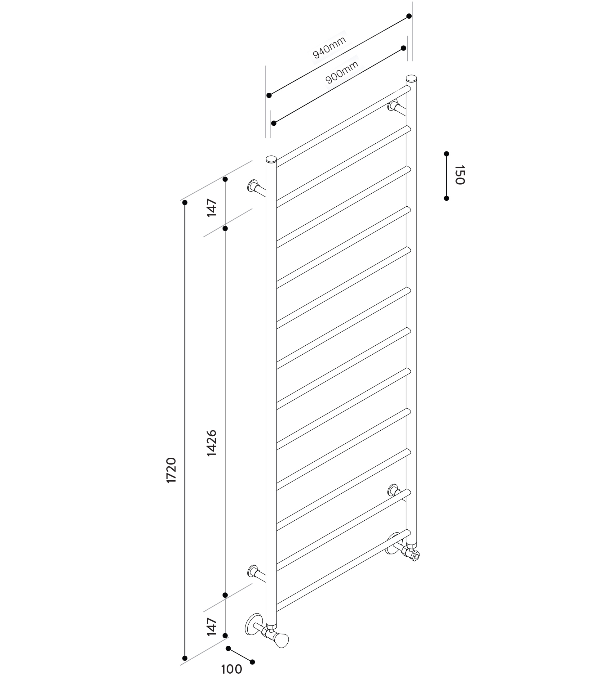 Hydrotherm HR Series Hydronic Towel Rail 1720mm x 900mm