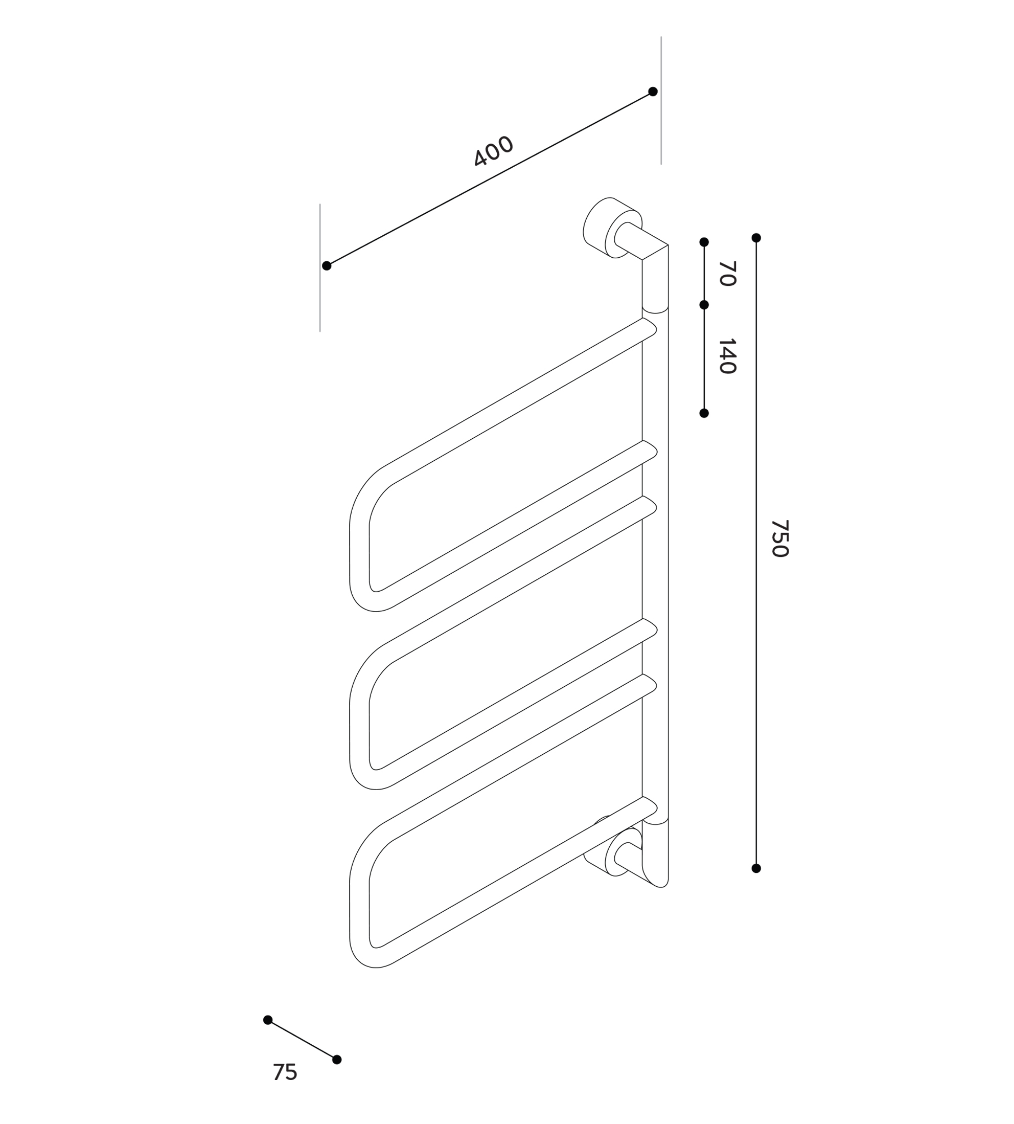 Hydrotherm Non-Heated Swivel Towel Rail, 3 Section, 750mm x 400mm