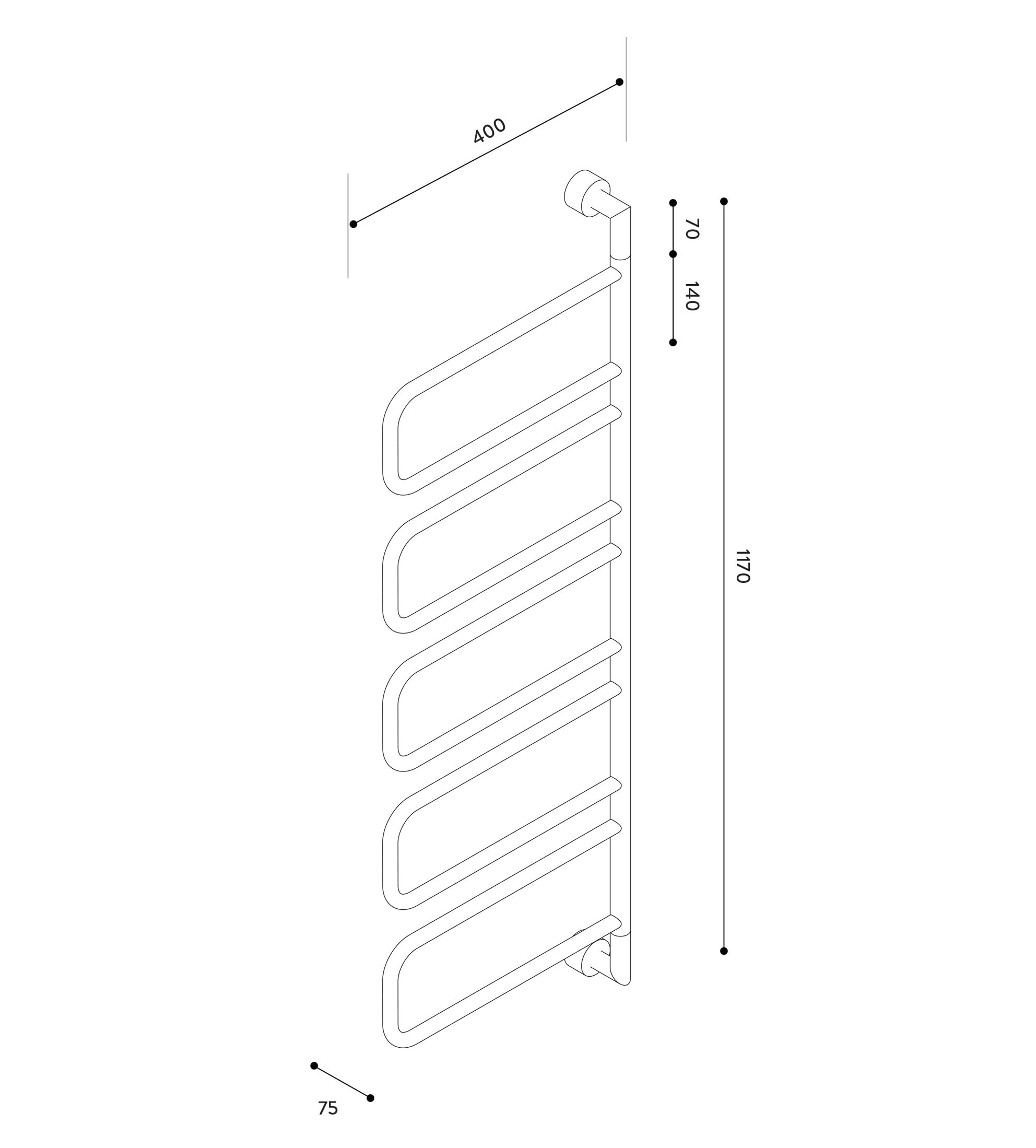 Hydrotherm Swivel Heated Towel Rail, 5 Section, 1170mm x 400mm