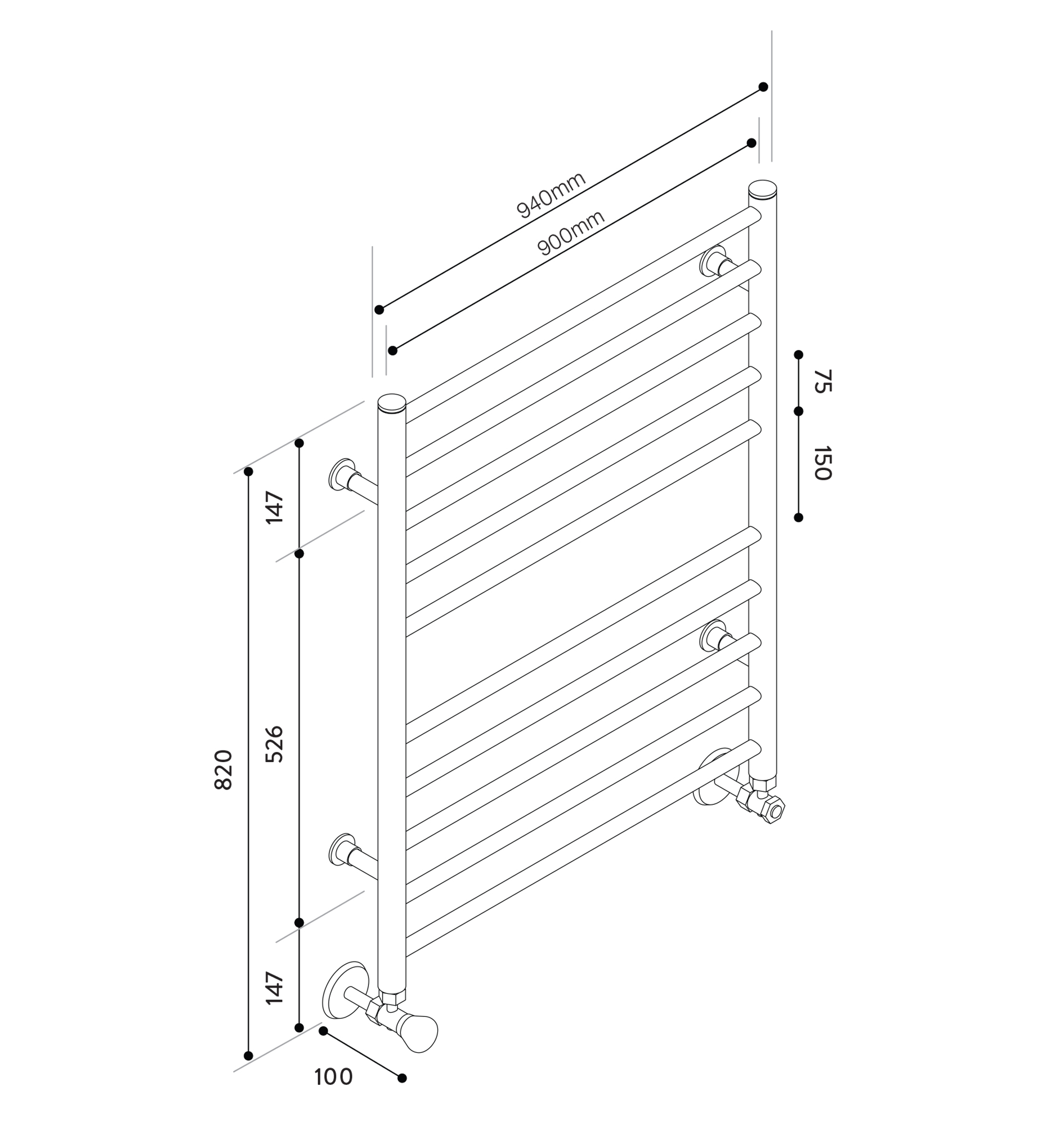 Hydrotherm HW Series Hydronic Towel Rail 820mm x 900mm