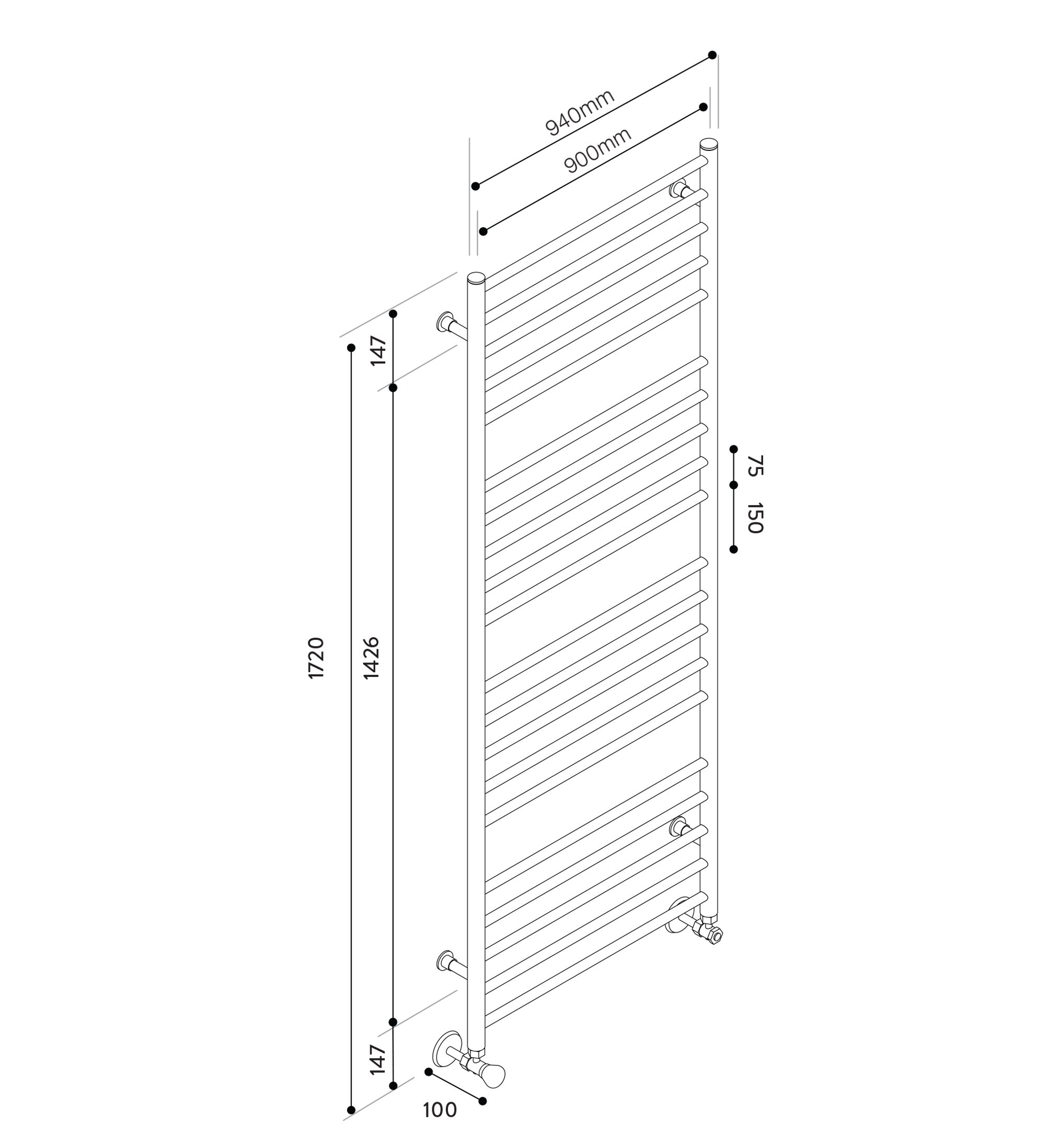 Hydrotherm HW Series Hydronic Towel Rail 1720mm x 900mm