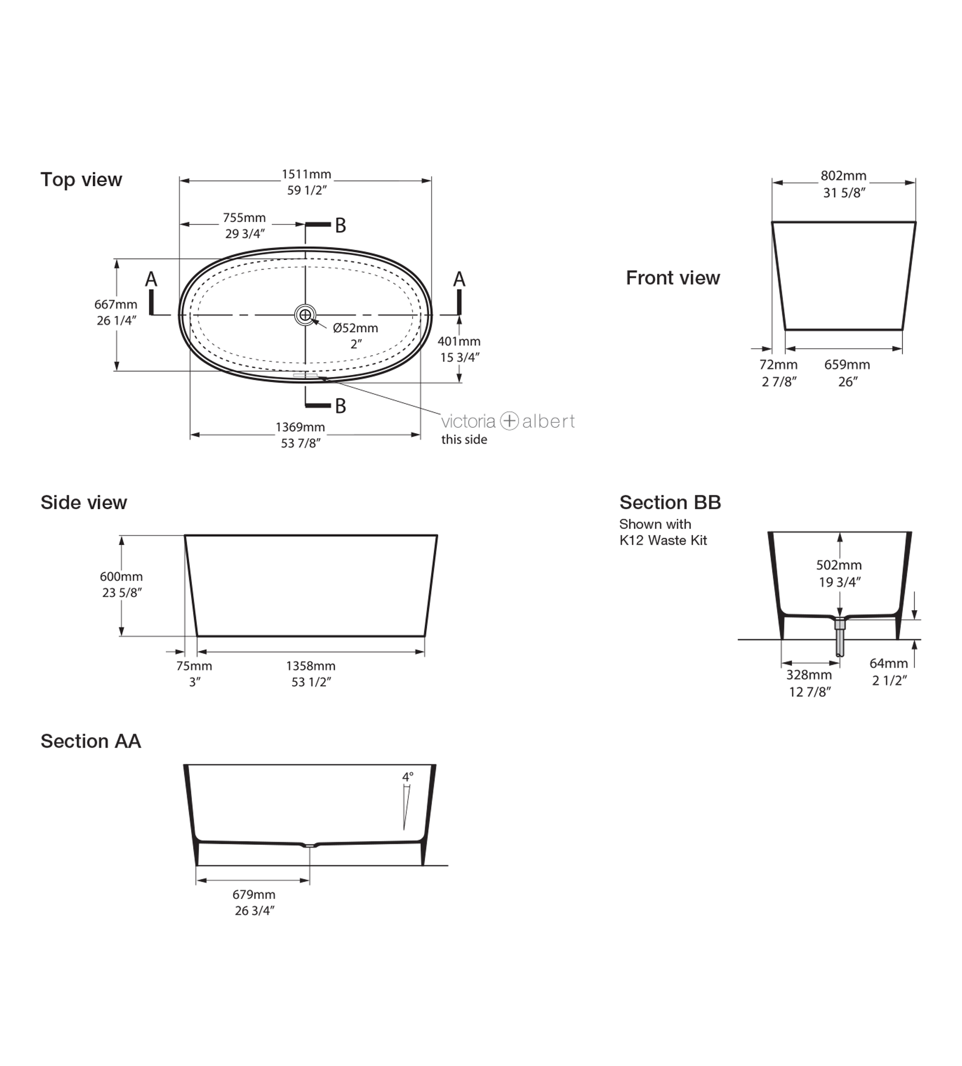 Victoria & Albert Ios 1511mm Stone Freestanding Bath, Matt White