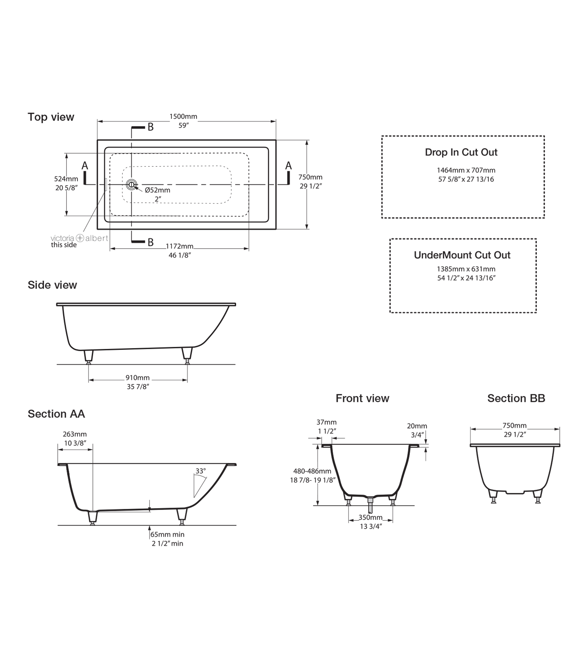 Victoria & Albert Kaldera 4 1500mm Stone Inset Undermount Bath, Gloss White
