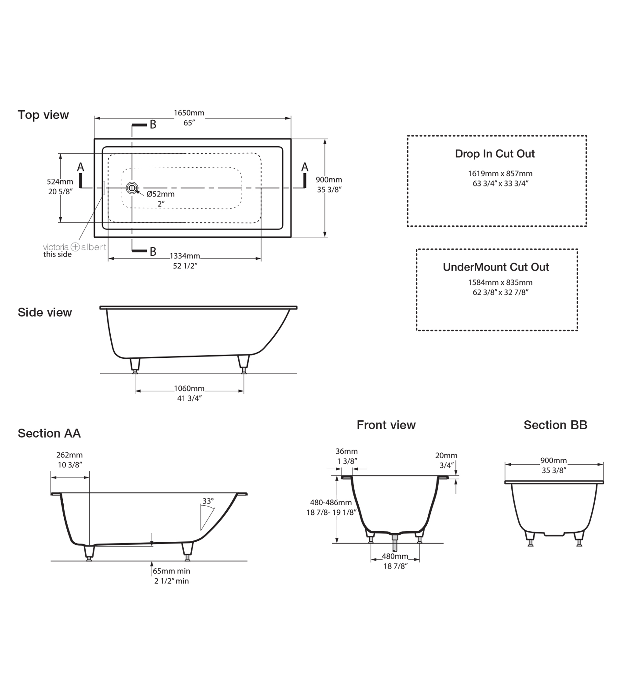 Victoria & Albert Kaldera 6 1650mm Stone Inset Undermount Bath, Gloss White