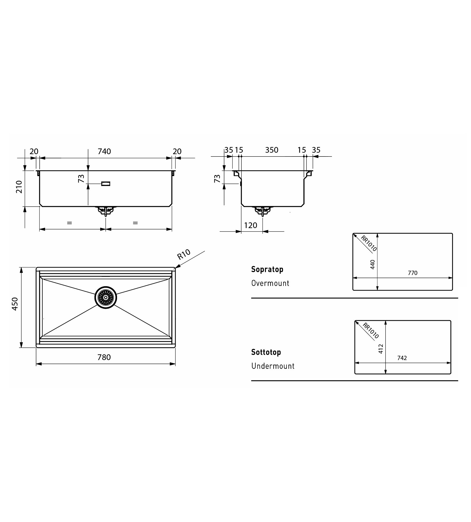 Artinox Layer Workstation Kitchen Sink W740, 0TH, Stainless Steel
