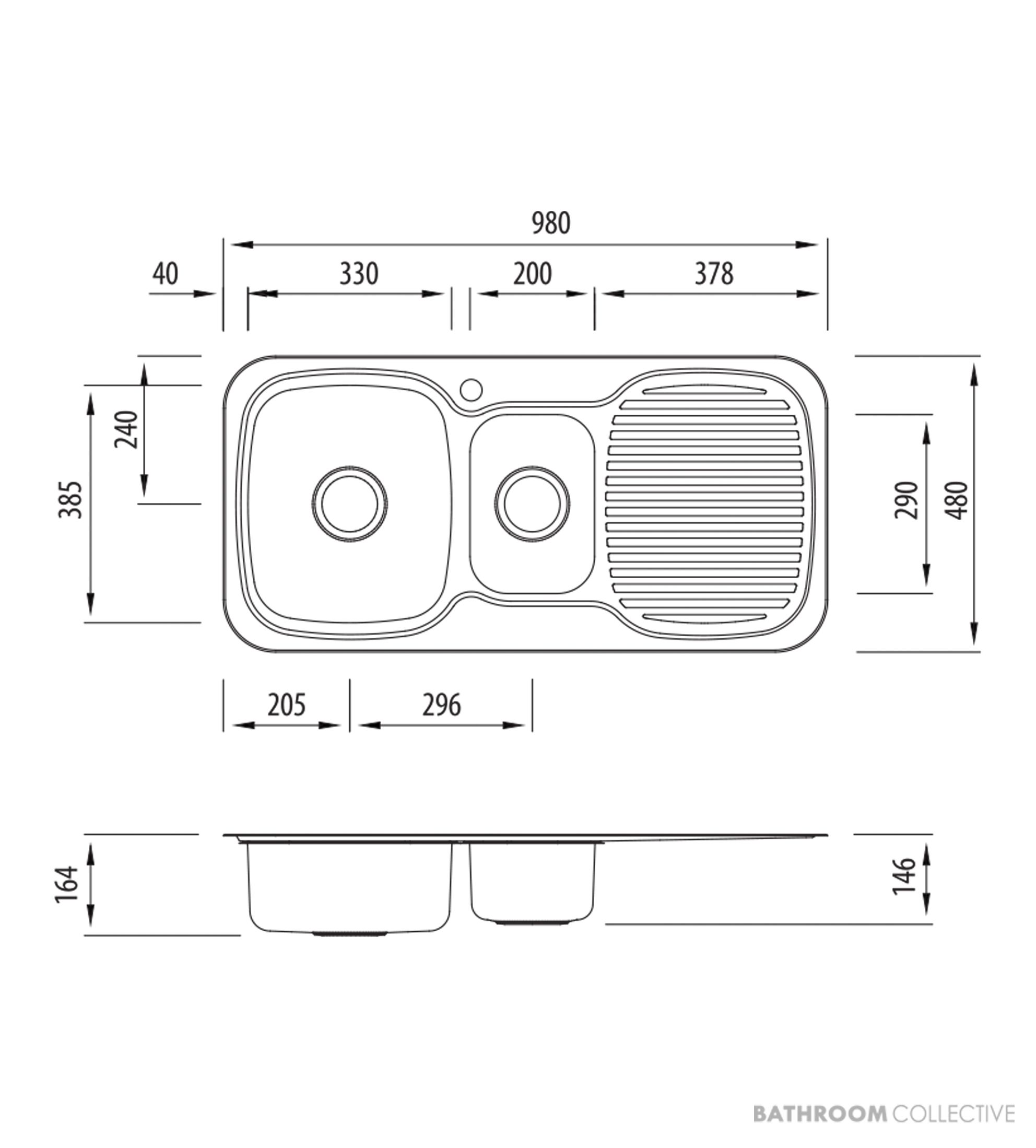Oliveri Lakeland Topmount 1 & 1/2 Double Bowl Sink 980mm,1th, Right Drainer, Stainless LL126