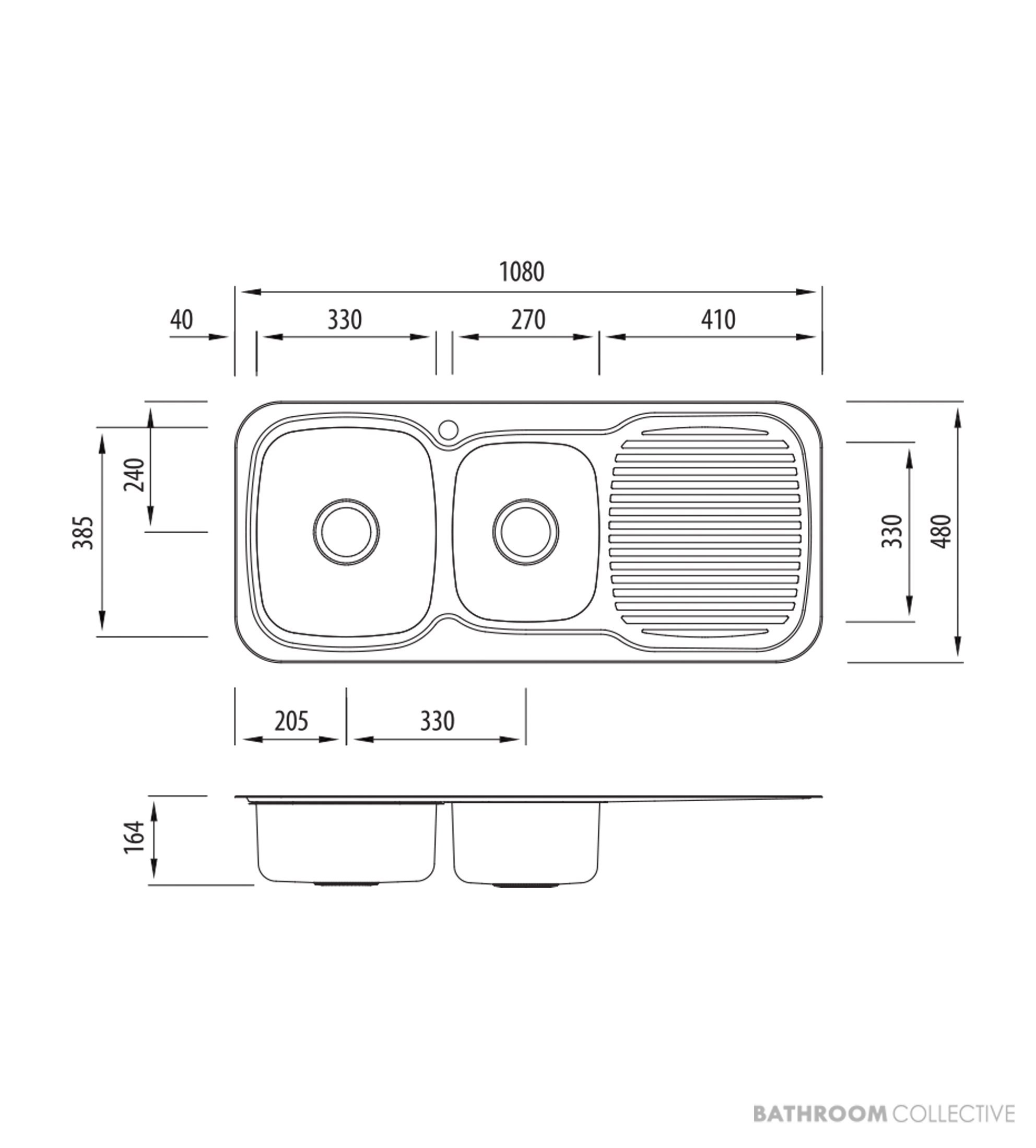 Oliveri Lakeland Topmount 1 & 3/4 Double Bowl Sink 1080mm, 1th, Right Drainer, Stainless LL136