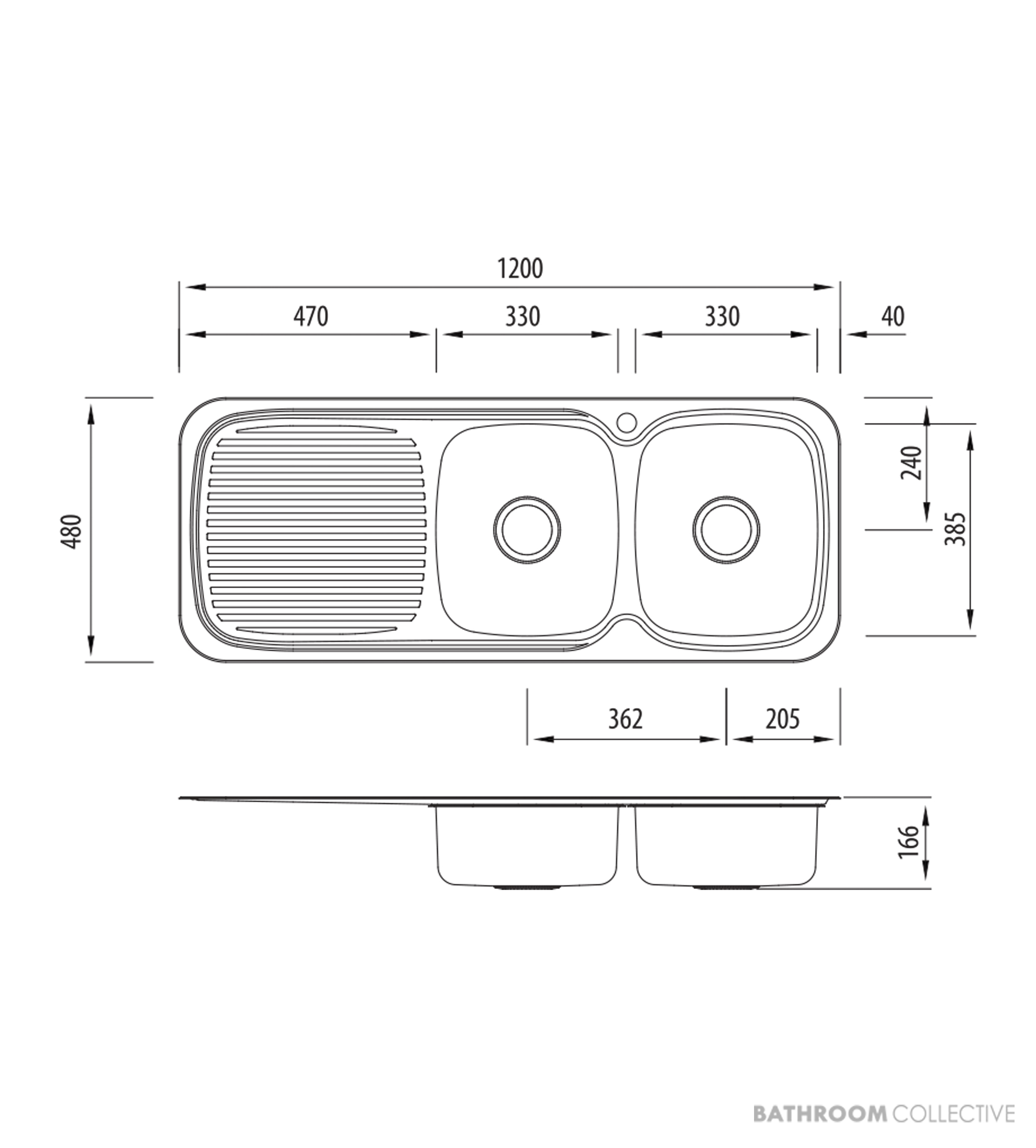 Oliveri Lakeland Topmount Double Bowl Sink 1200mm, 1th, Left Drainer, Stainless LL157