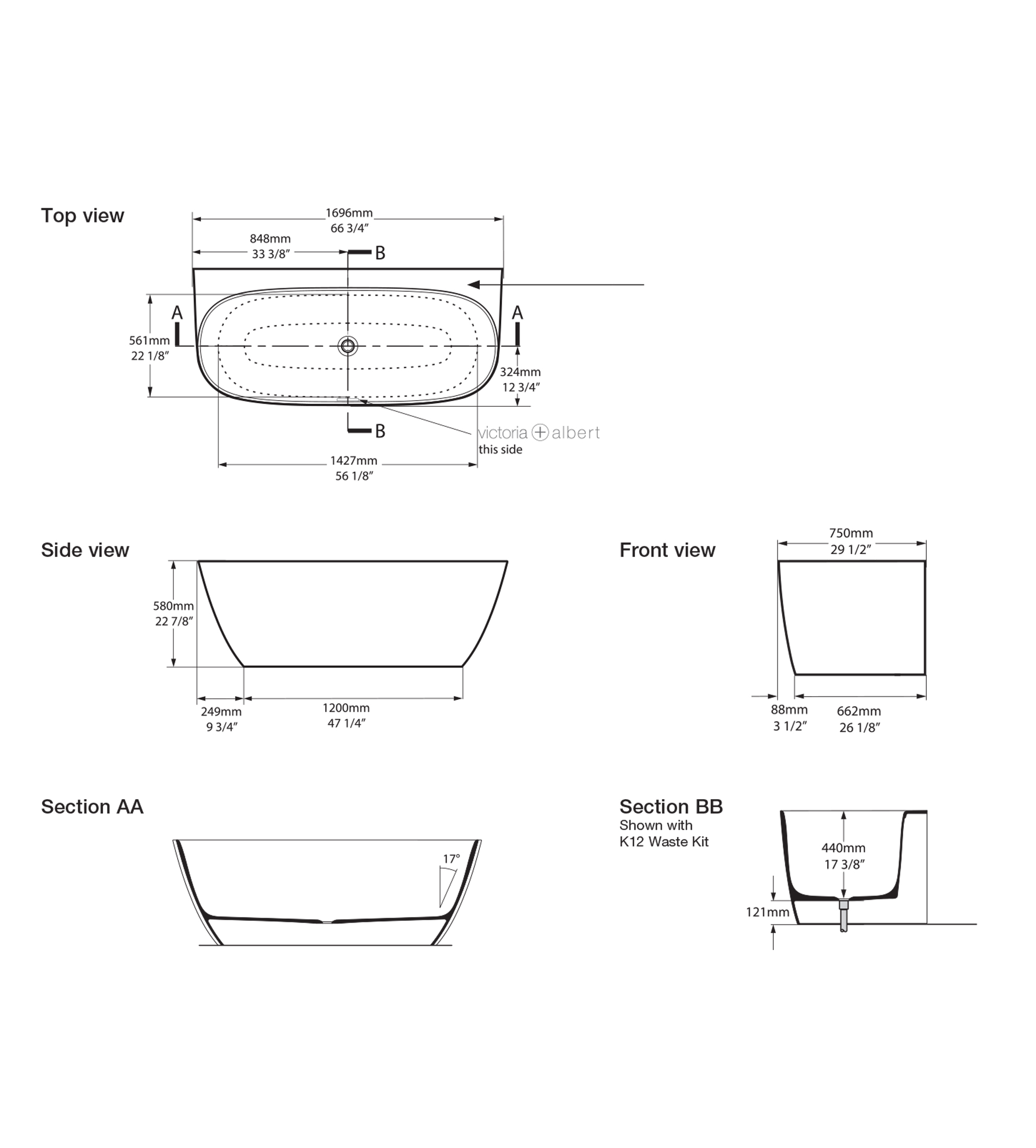 Victoria & Albert Lussari 1700mm Stone Back to Wall Bath, Gloss White