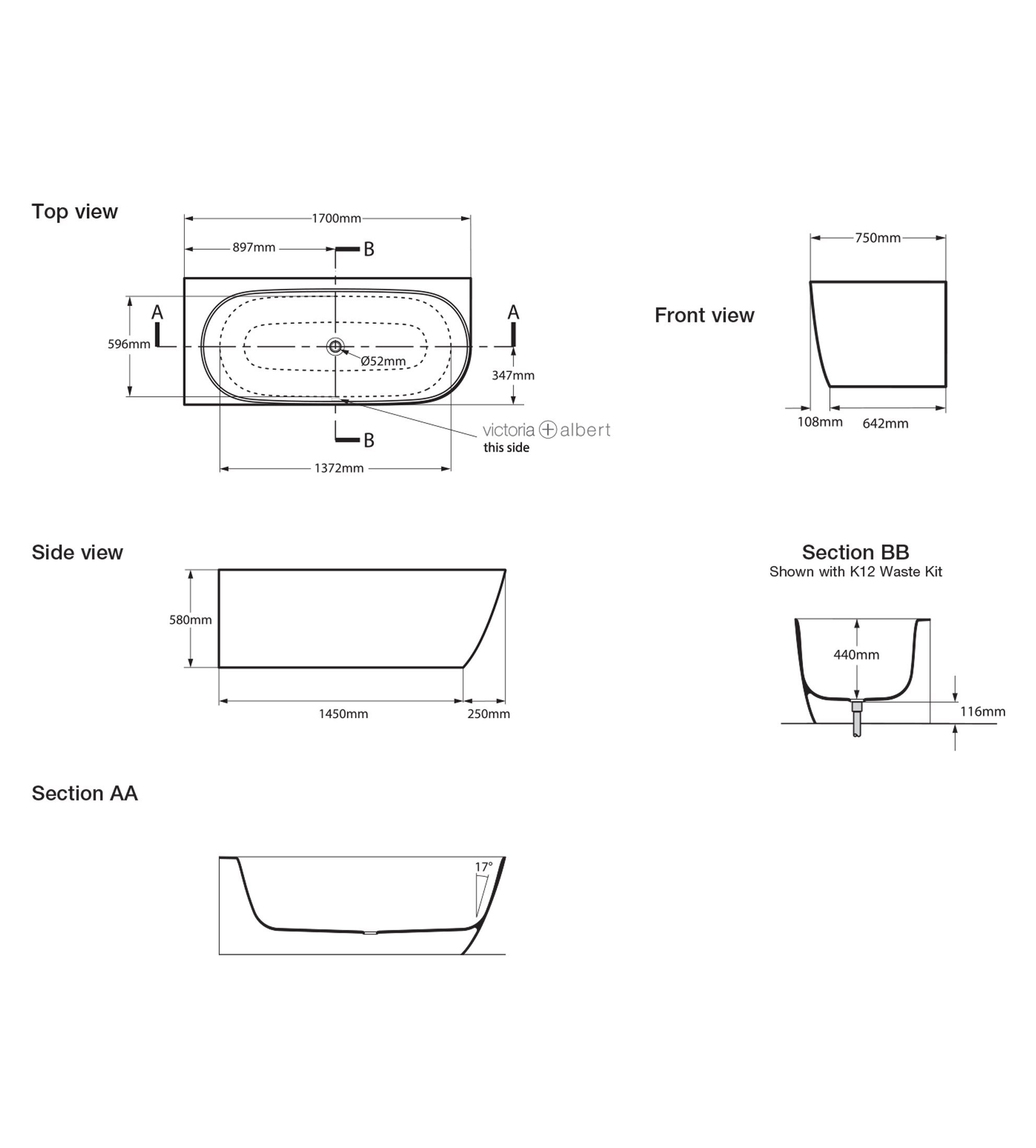 Victoria & Albert Lussari 1700mm Stone Corner Left Back to Wall Bath, Matt White