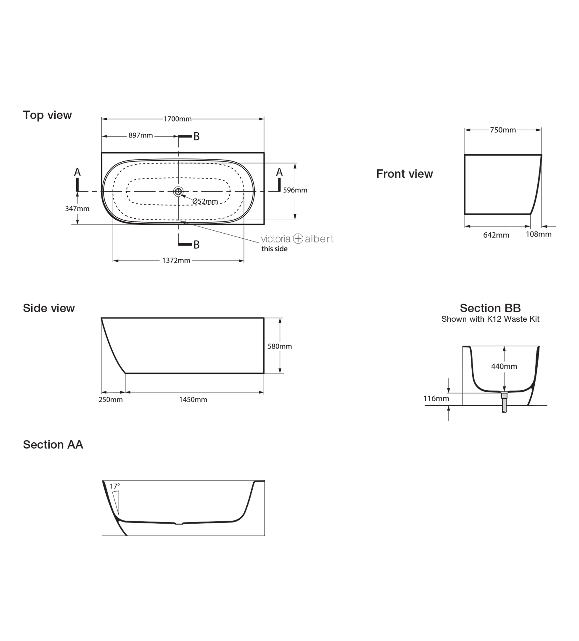 Victoria & Albert Lussari 1700mm Stone Corner Right Back to Wall Bath, Matt White