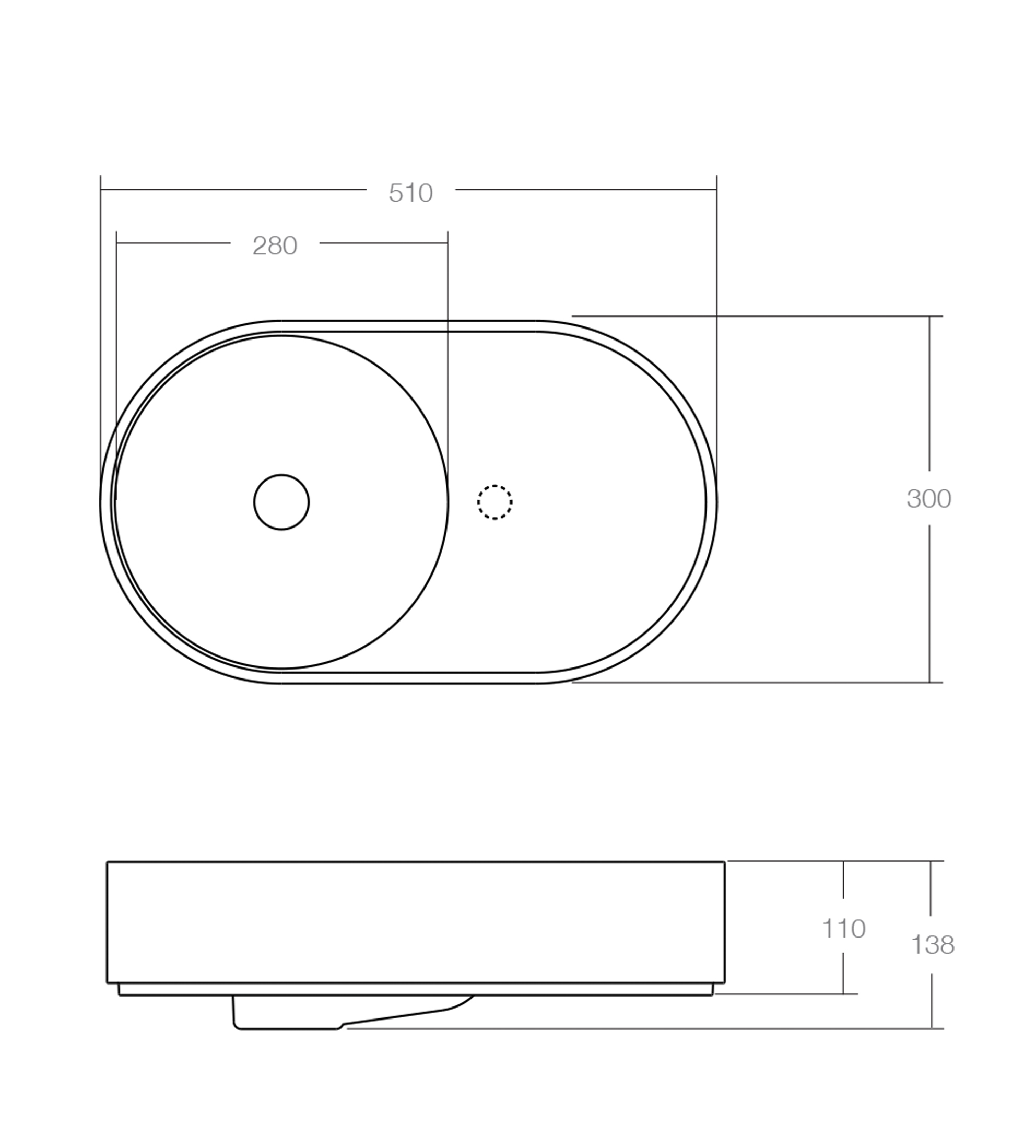 Omvivo Lune 510mm Wall Basin, Right Bowl, Matt White
