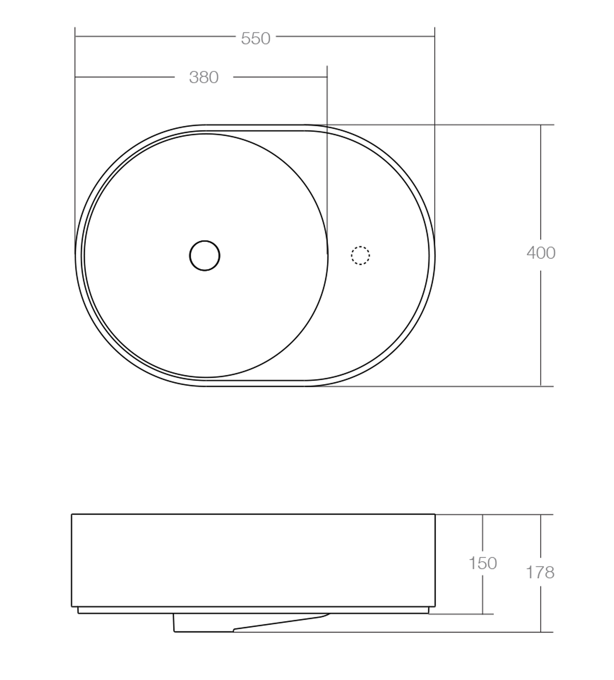 Omvivo Lune 550mm Above Counter Basin, Left Bowl/Right Bowl, Matt White