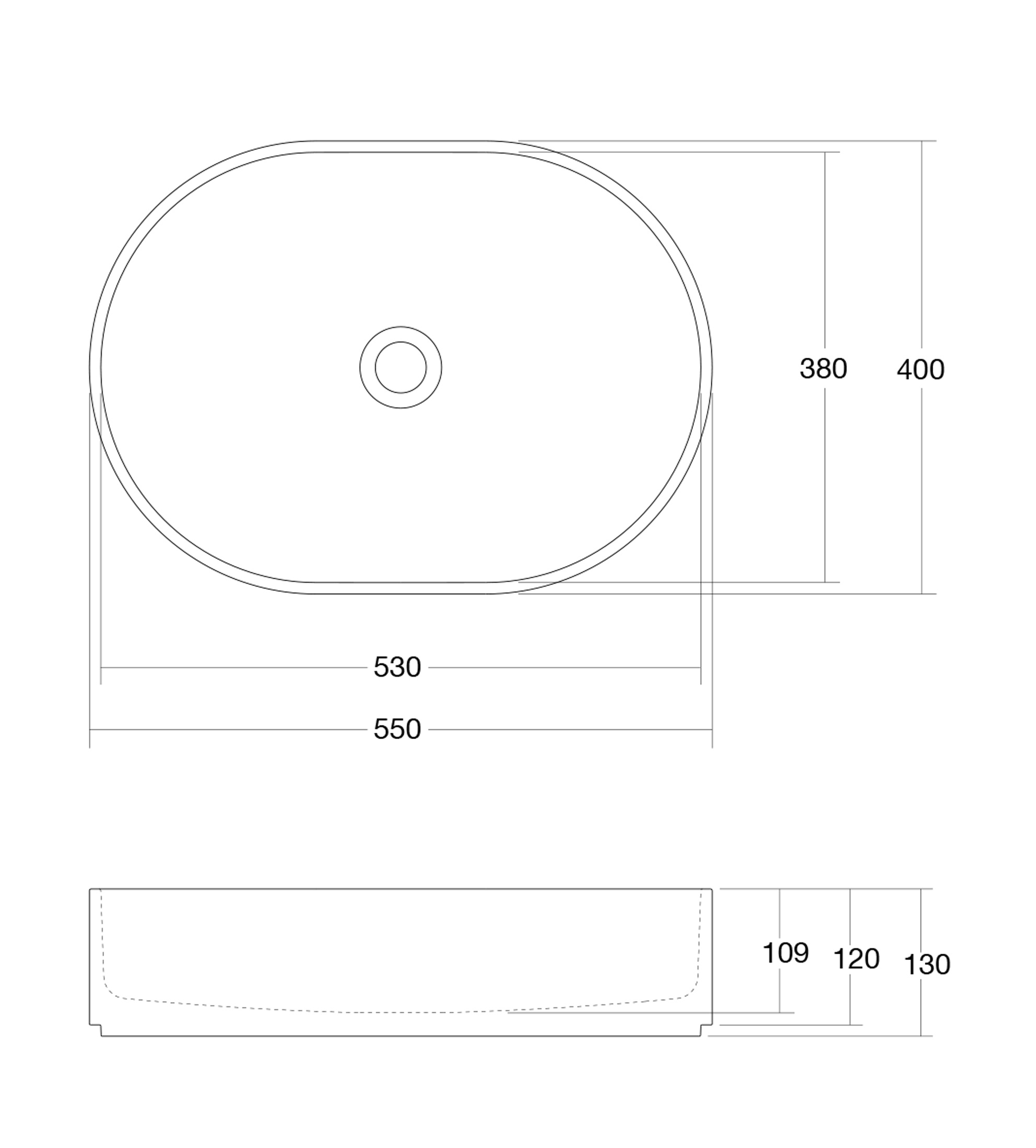 Omvivo Lune 550mm Oval Above Counter Basin, Matt White