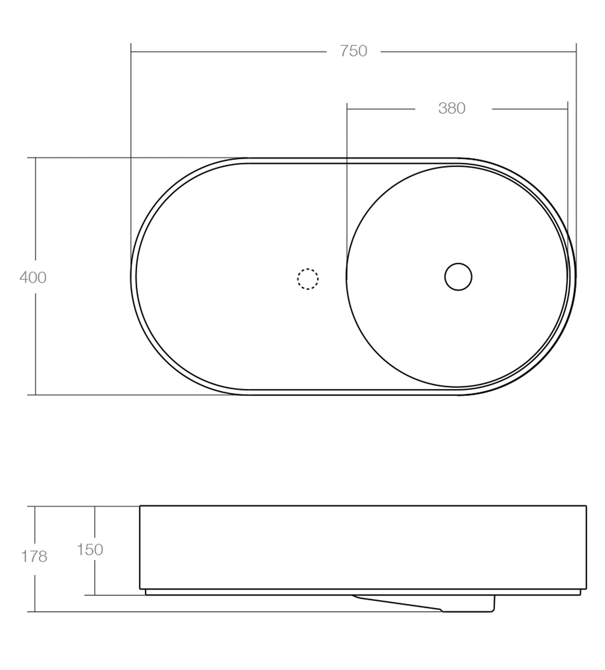 Omvivo Lune 750mm Wall Basin, Right Bowl, Matt White