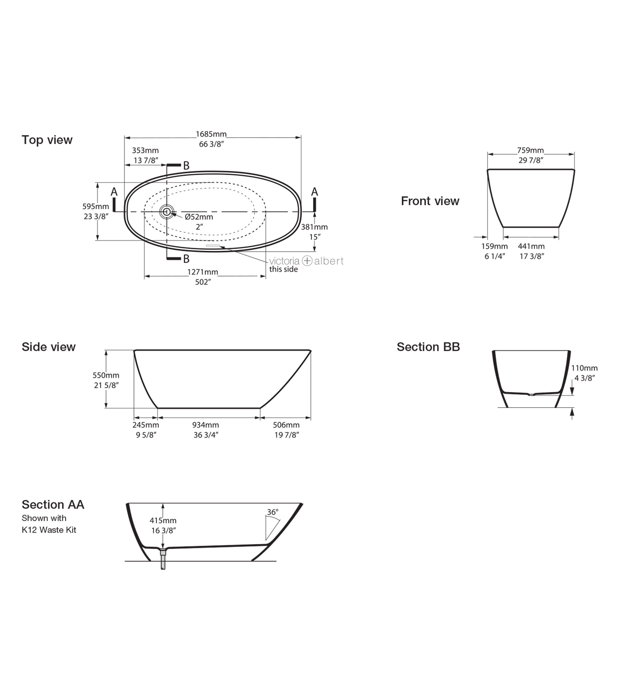 Victoria & Albert Mozzano 2 1685mm Stone Freestanding Bath, Matt White
