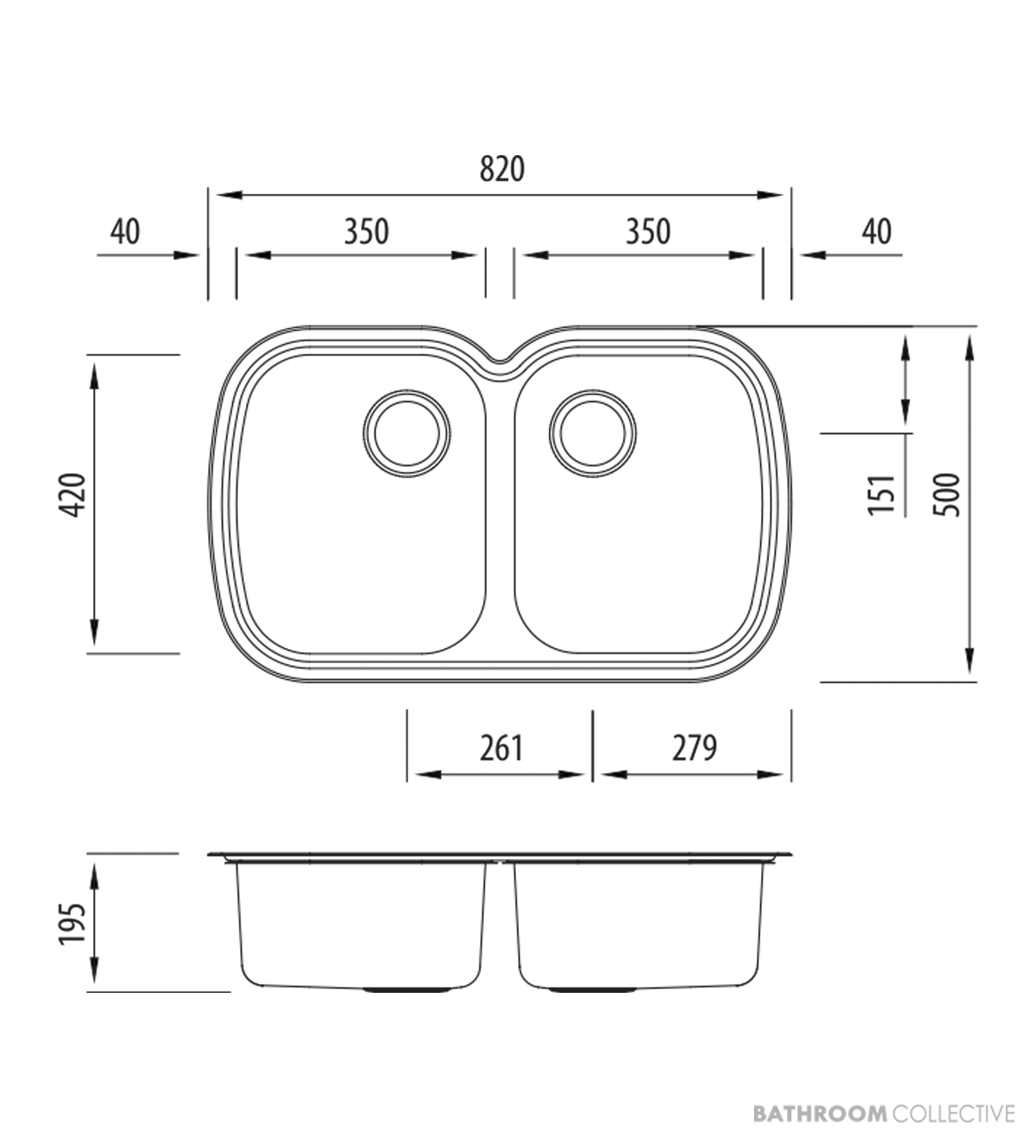 Oliveri Monet Undermount Double Bowl Sink 820mm, Stainless MO70U