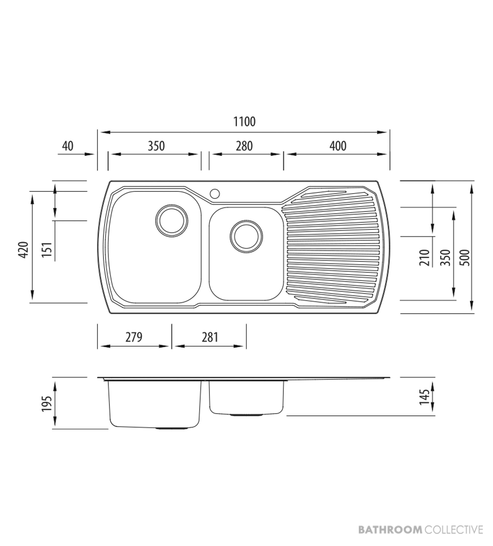 Oliveri Monet Undermount 1 & 3/4 Double Bowl Sink 1100mm, Right Drainer, Stainless MO711 1TH