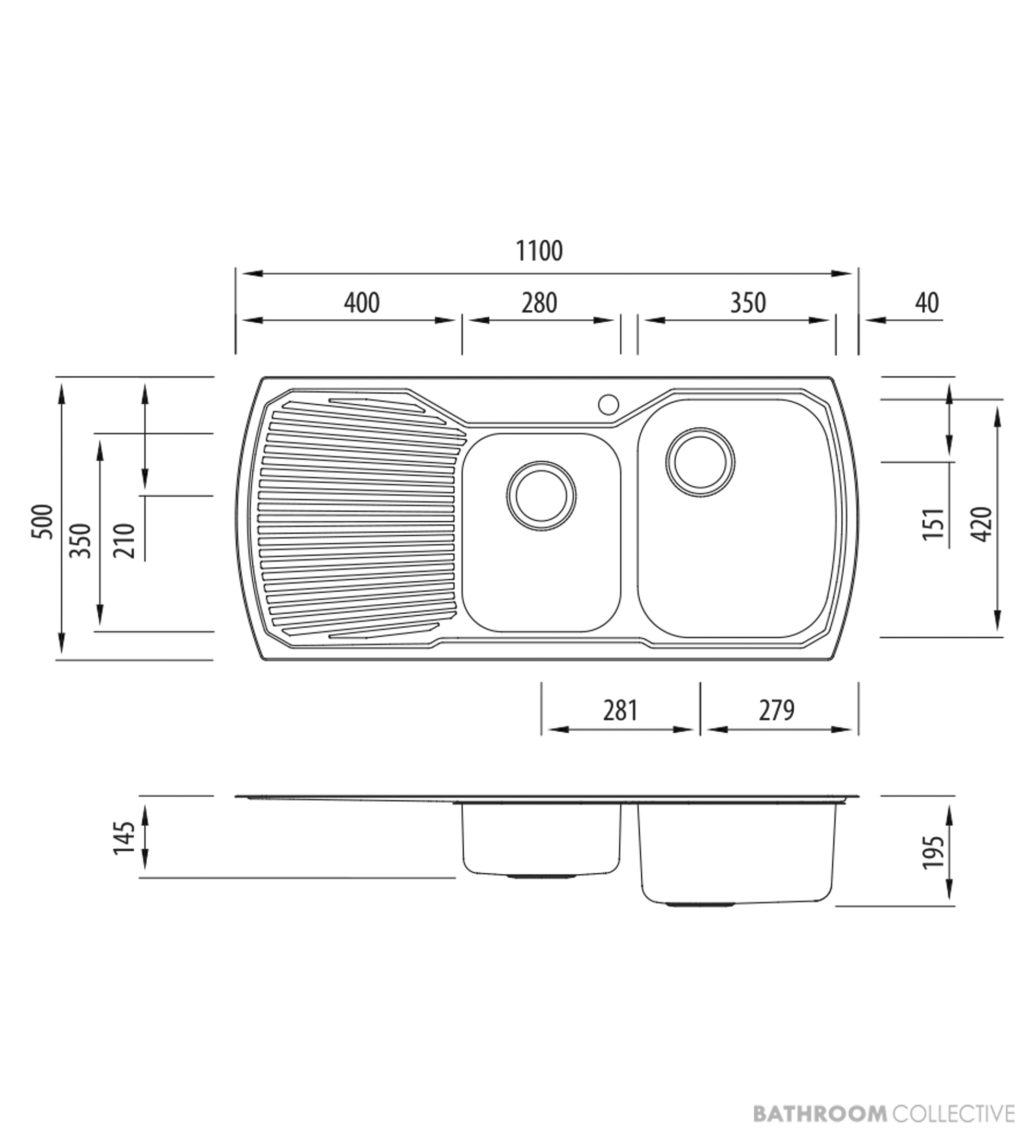 Oliveri Monet Undermount 1 & 3/4 Double Bowl Sink 1100mm, Left Drainer, Stainless MO712 1TH