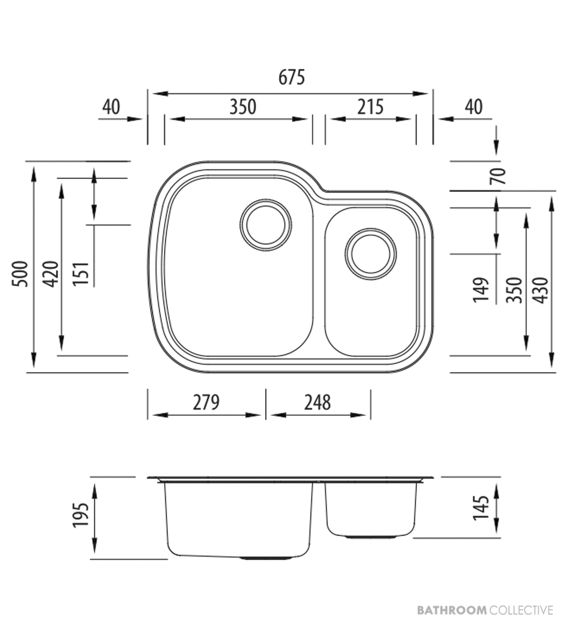 Oliveri Monet Undermount 1 & 1/2 Double Bowl Sink 675mm, Stainless MO71U
