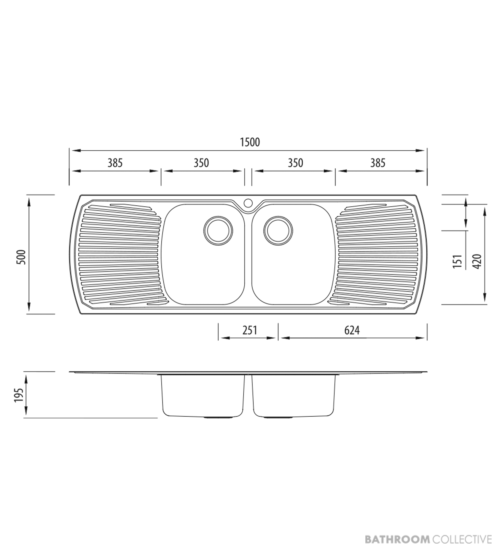 Oliveri Monet Topmount Double Bowl Sink with Double Drainer 1500mm, Stainless MO753 1TH