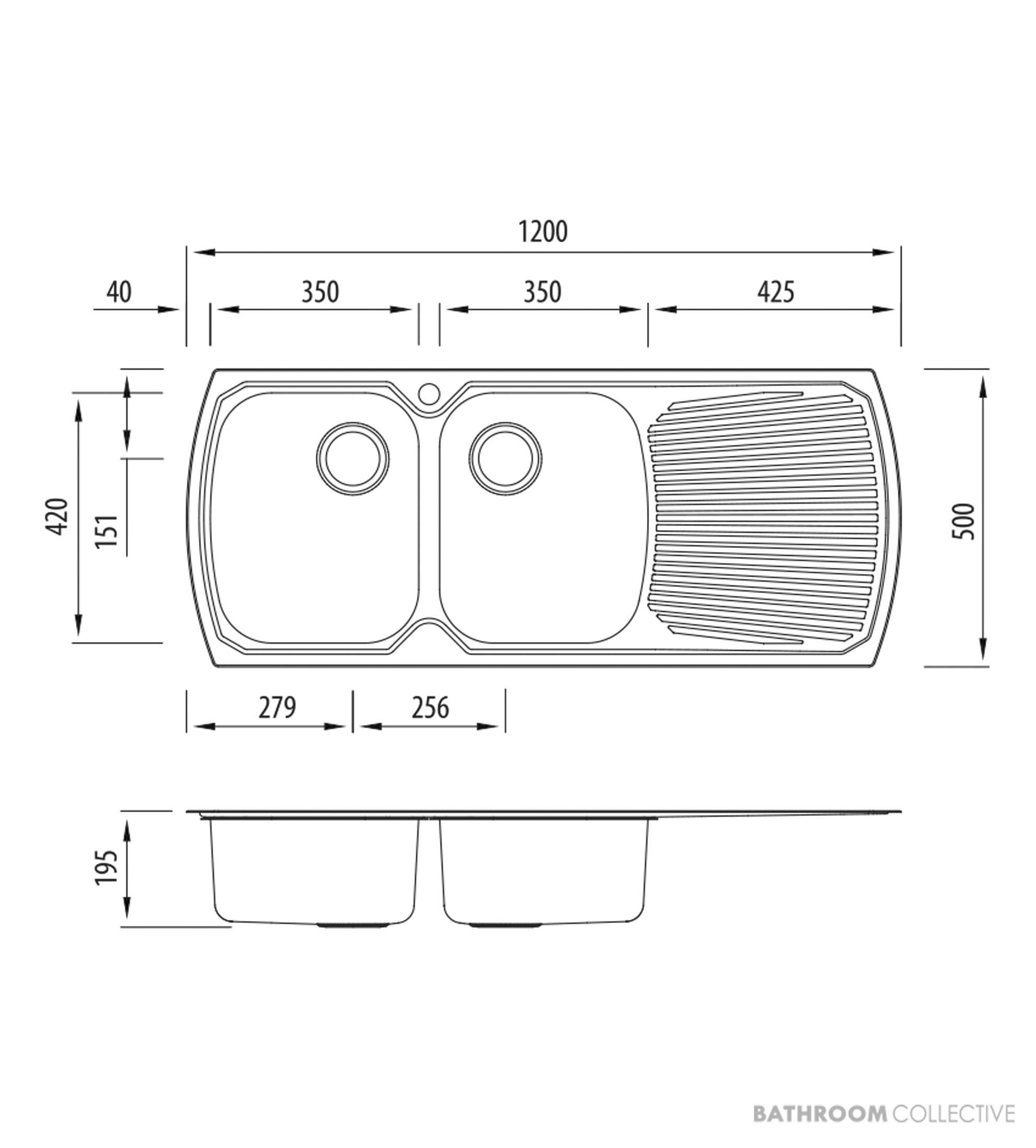 Oliveri Monet Topmount Double Bowl Sink 1200mm, Right Drainer, Stainless MO771 1TH