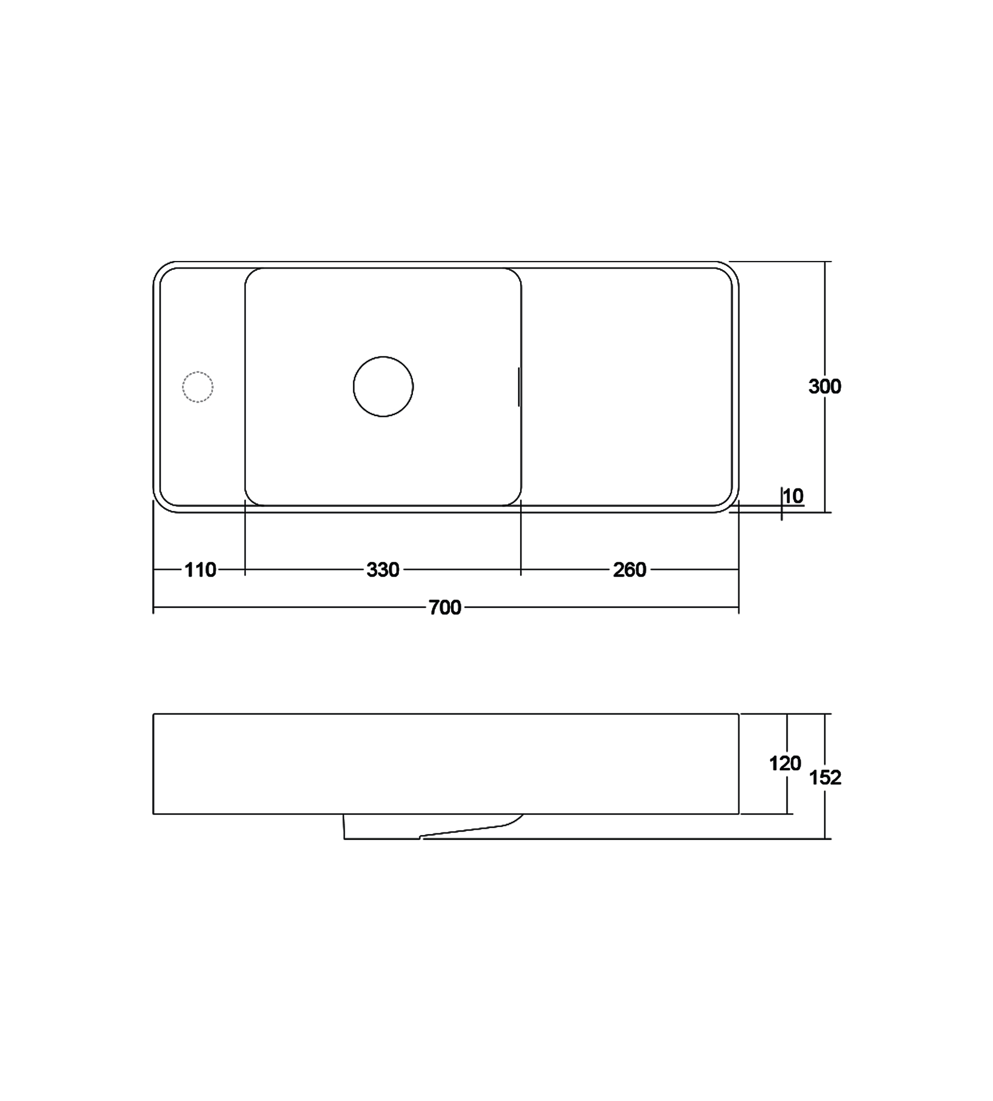 Omvivo Mod 700mm Wall Basin, Left Bowl, Matt White