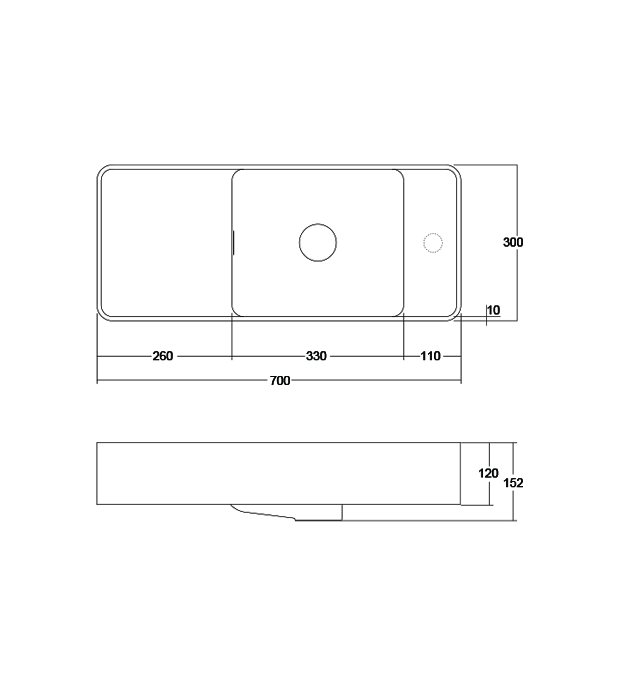 Omvivo Mod 700mm Wall Basin, Right Bowl, Matt White