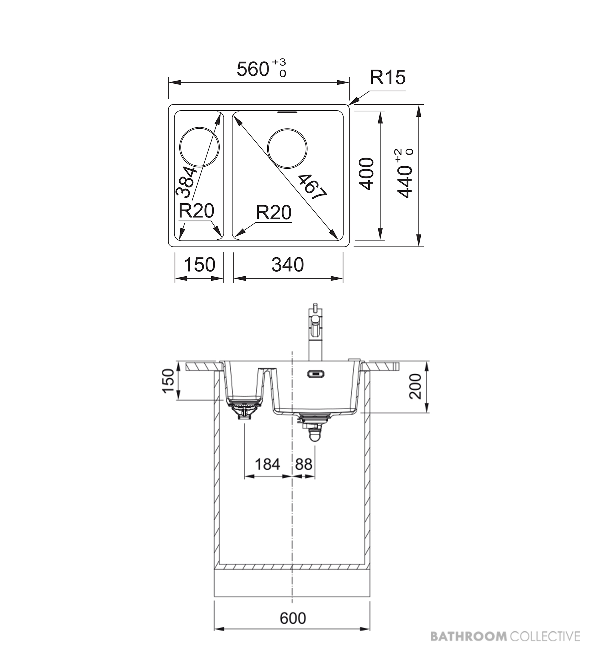 Franke Maris Granite Topmount 1 & 1/2 Double Bowl Sink 560mm, SBL, DT651, Matt Black MRG 660/34-15SBLMB-FPC