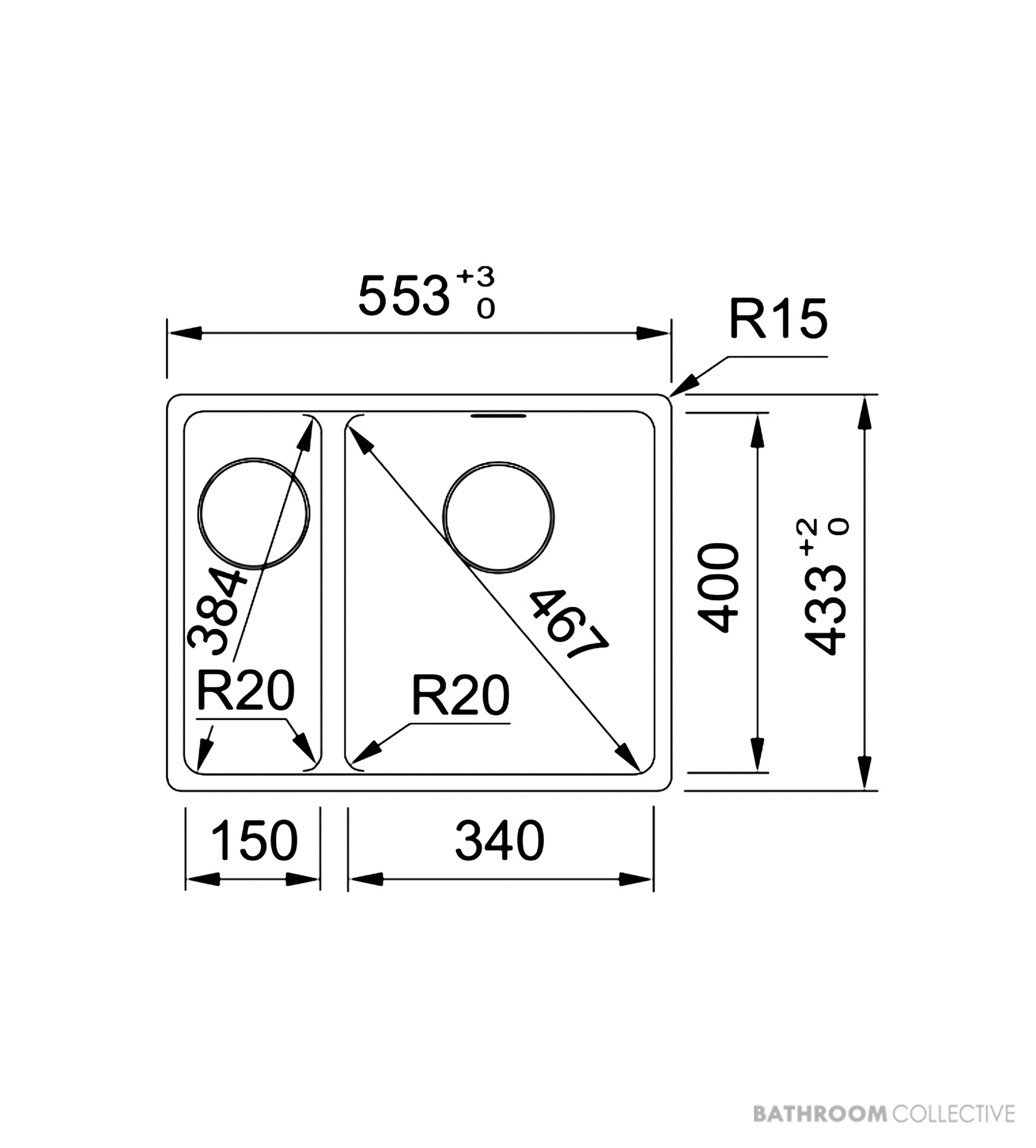 Franke Maris Undermount 1 & 1/2 Double Bowl Sink 553mm, SBL, Onyx MRG160SBLON-B