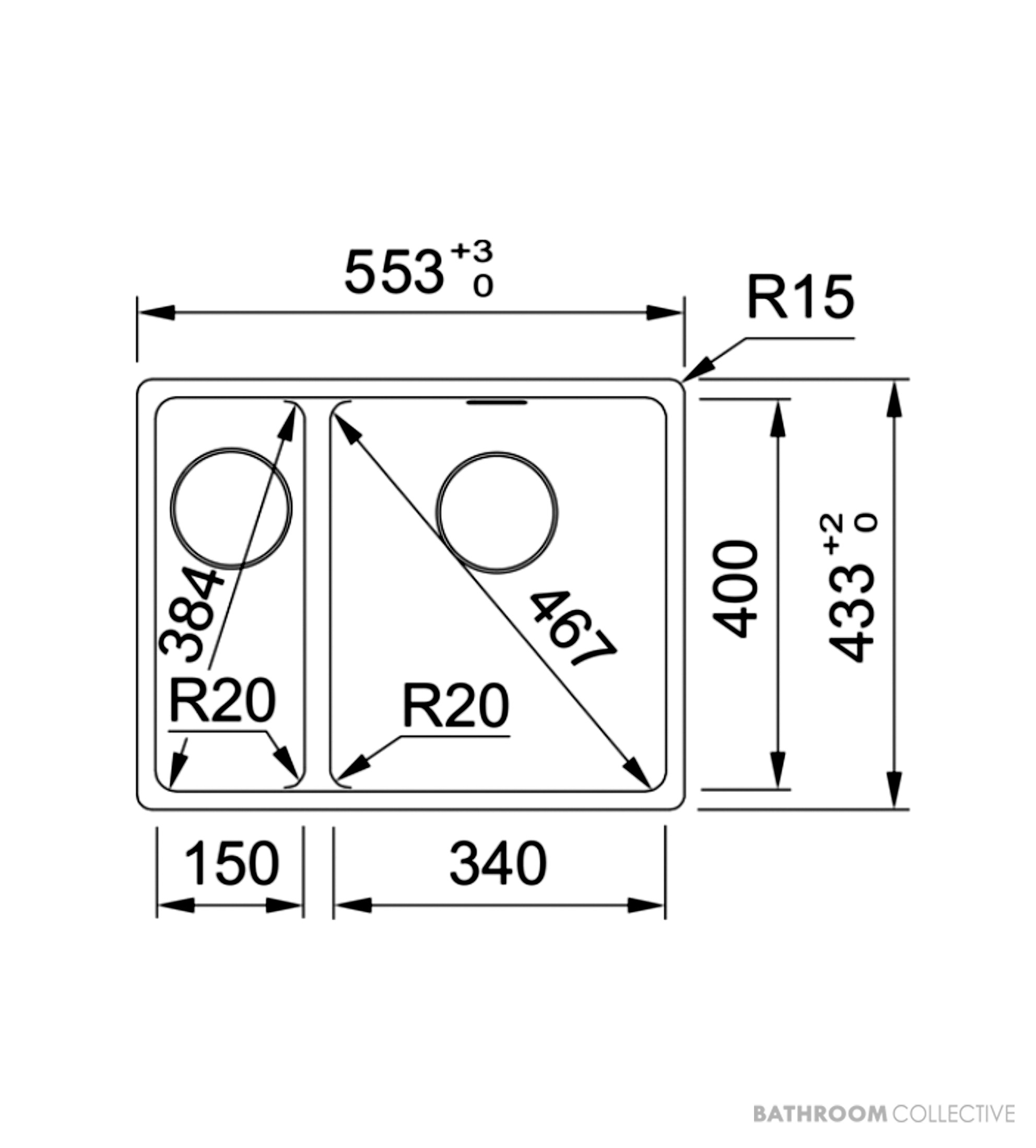Franke Maris Undermount 1 & 1/2 Double Bowl Sink 553mm, SBL, DT651, Onyx MRG160SBLON-FPC