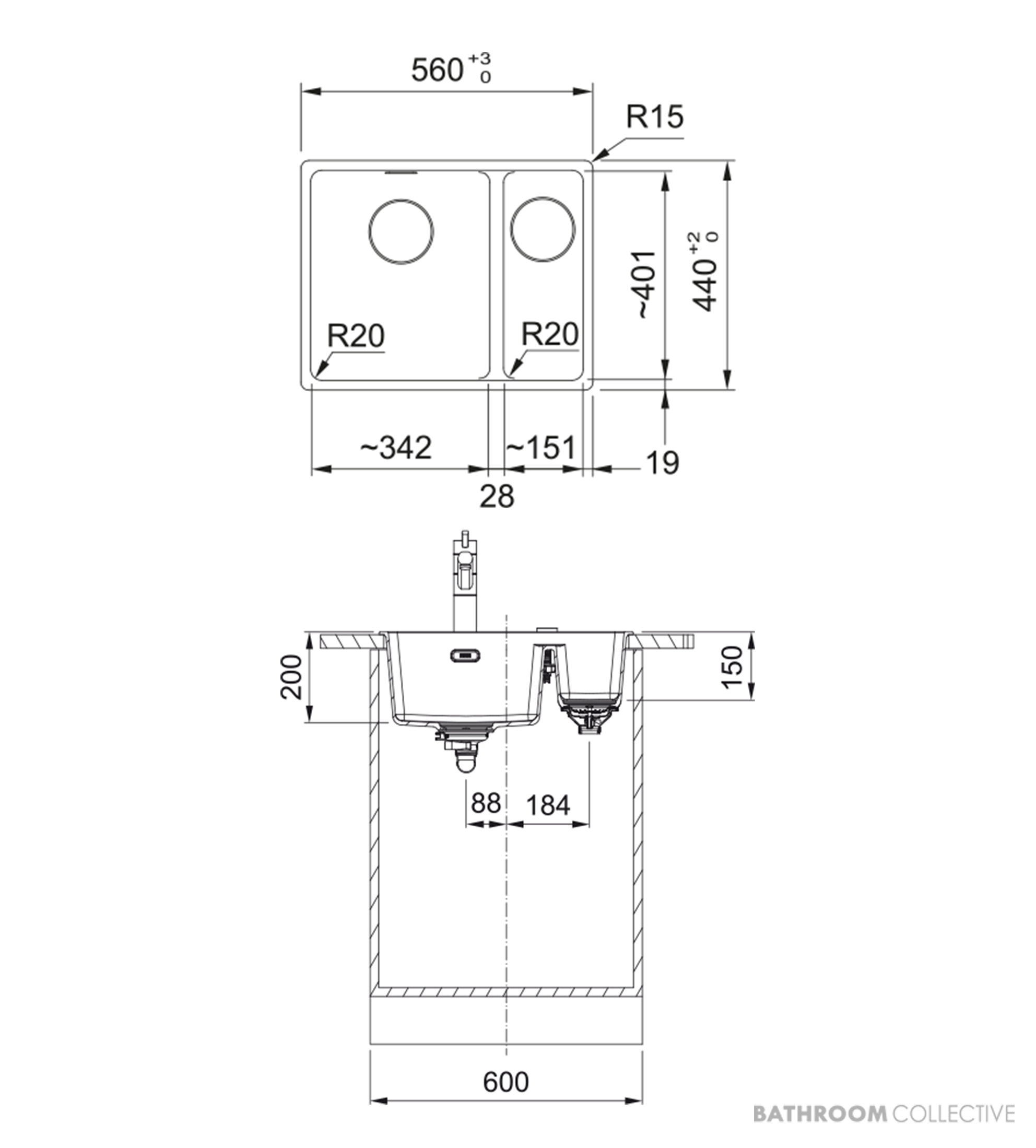 Franke Maris Topmount 1 & 1/2 Double Bowl Sink 560mm, SBR, Matt Black MRG 660/34-15 SBR MB