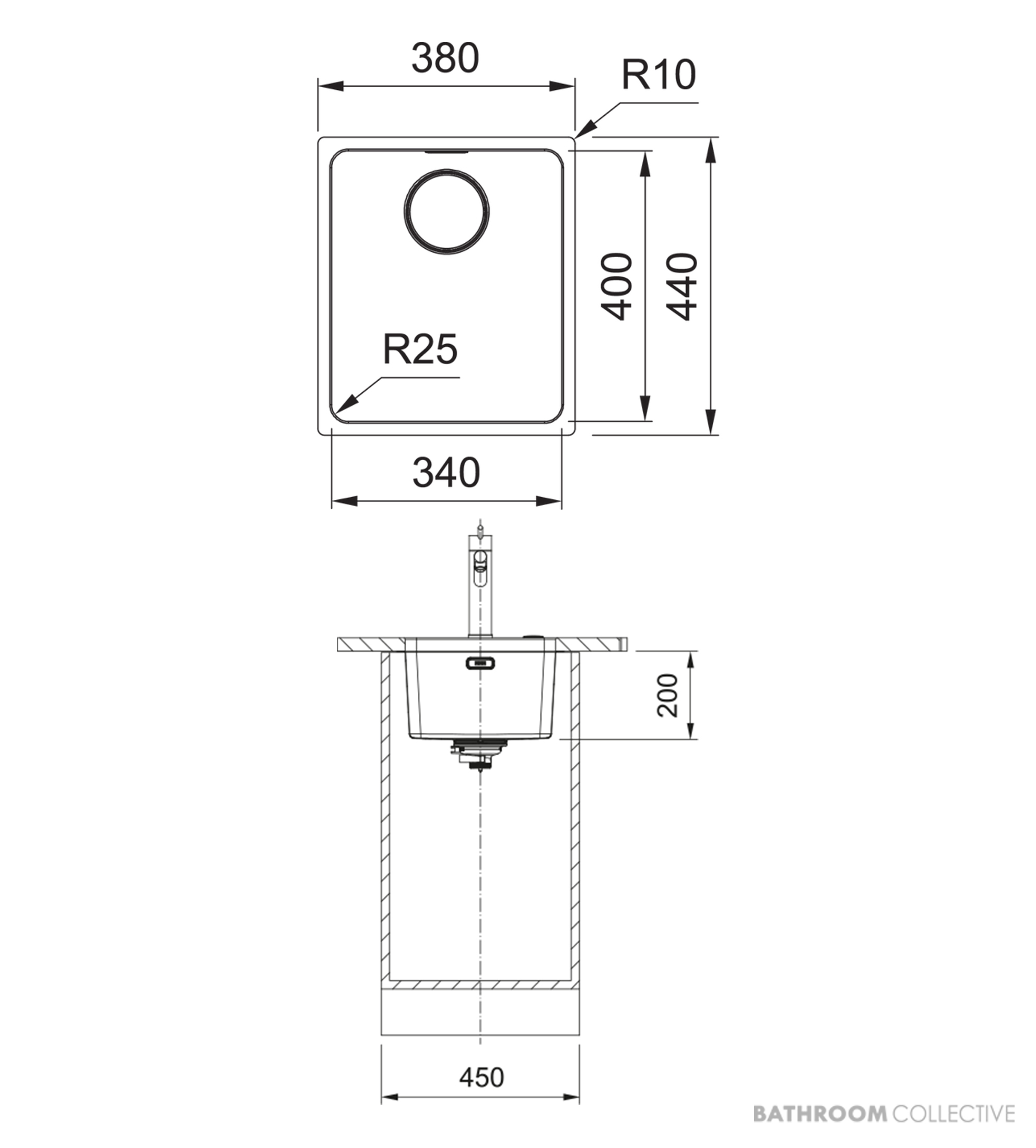 Franke Mythos Undermount Single Bowl Sink 380mm, PB835, RM081, DT288, Stainless MYX110-34FPC