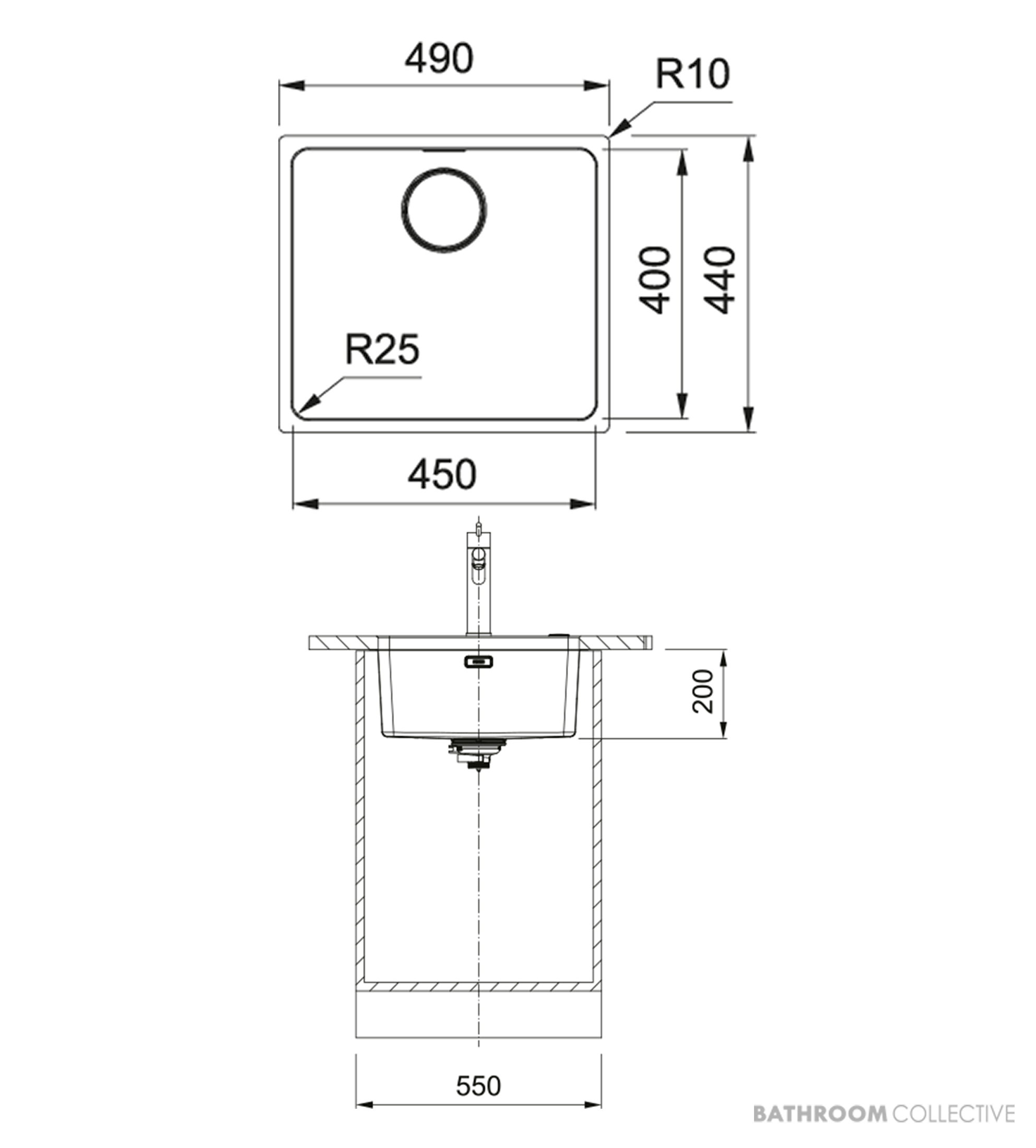 Franke Mythos Undermount Single Bowl Sink 490mm, PB835, RM081, DT288, Stainless MYX110-45FPC