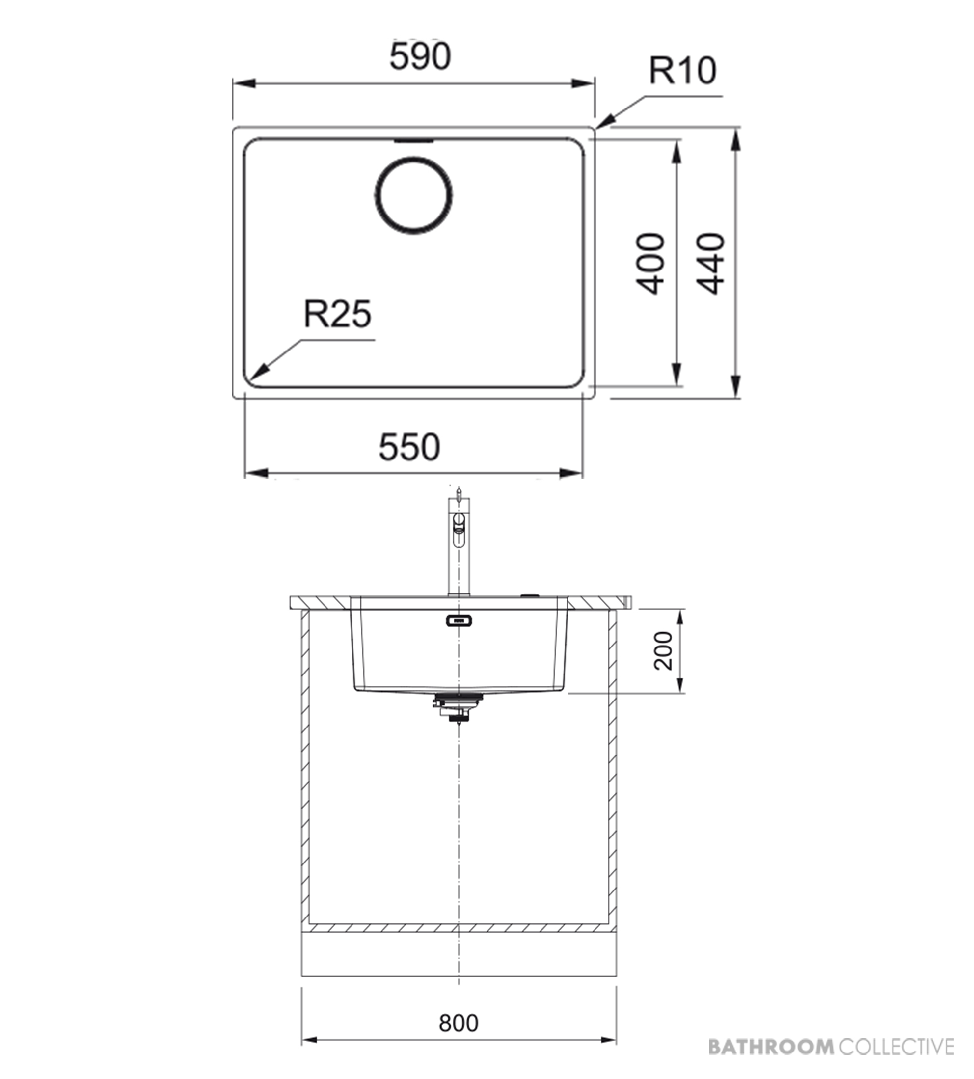 Franke Mythos Undermount Single Bowl Sink 590mm, PB835, RM081, DT288, Stainless MYX110-55FPC