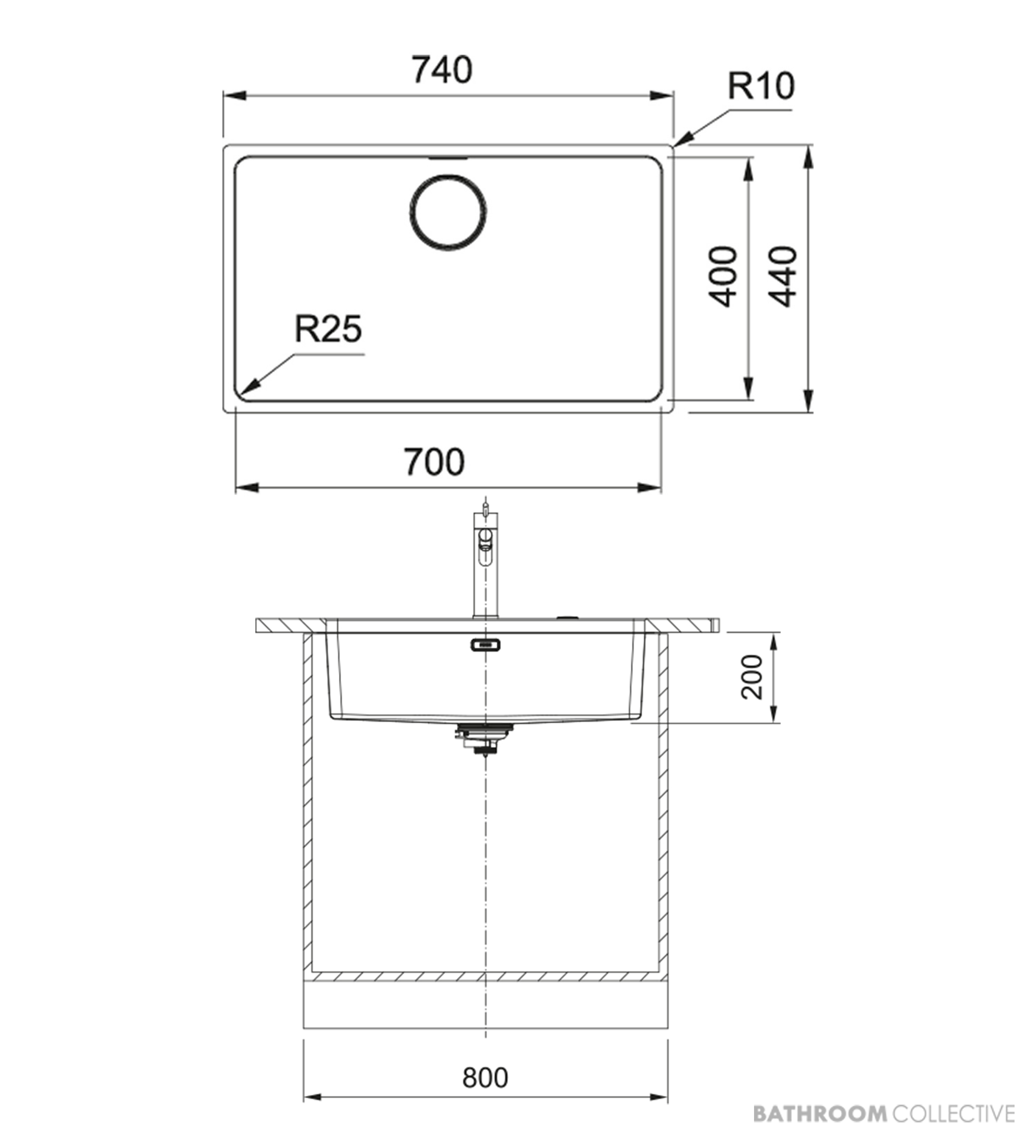 Franke Mythos Undermount Single Bowl Sink 740mm, PB835, RM081, DT288, Stainless MYX110-70FPC