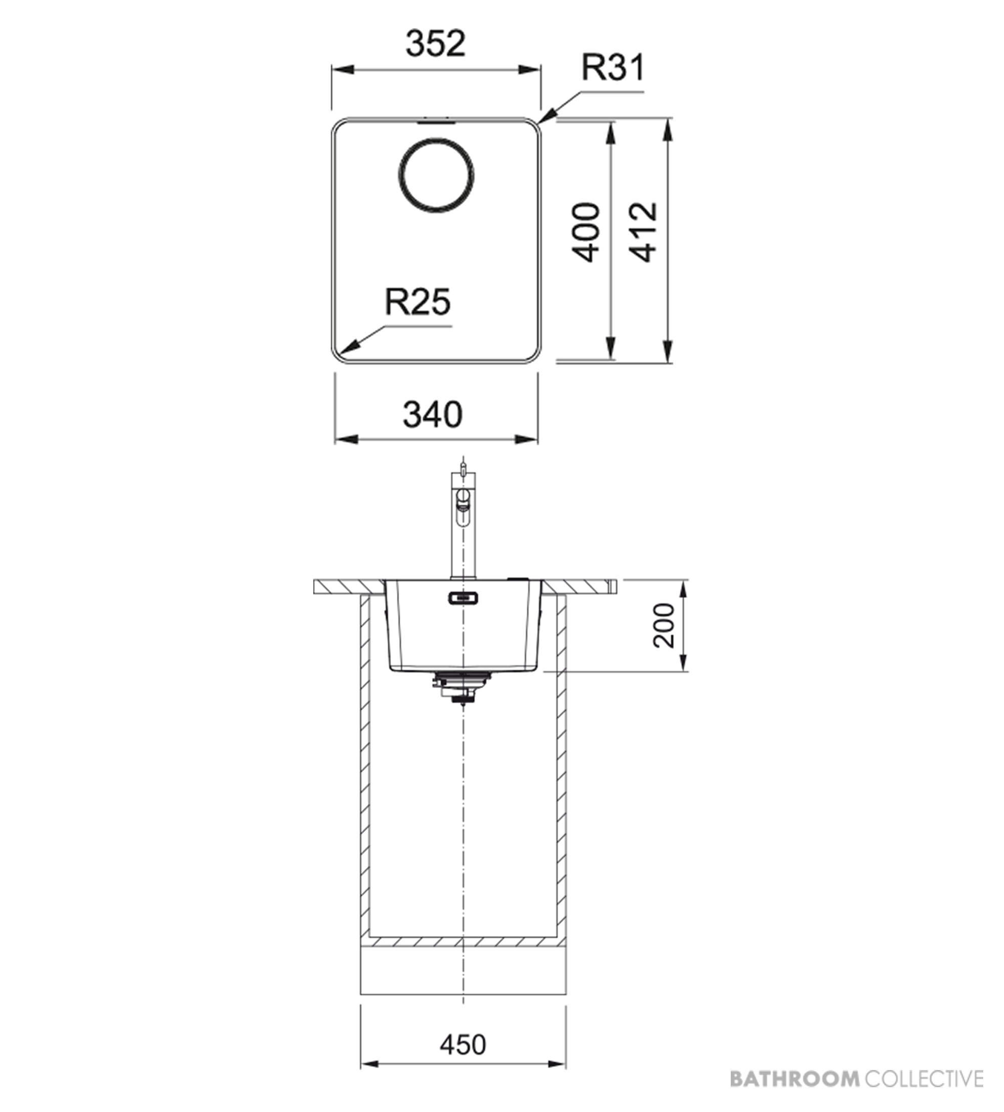 Franke Mythos Top & Flush Mount Single Bowl Sink 352mm, PB835, RM081, DT288, Stainless MYX210-34FPC