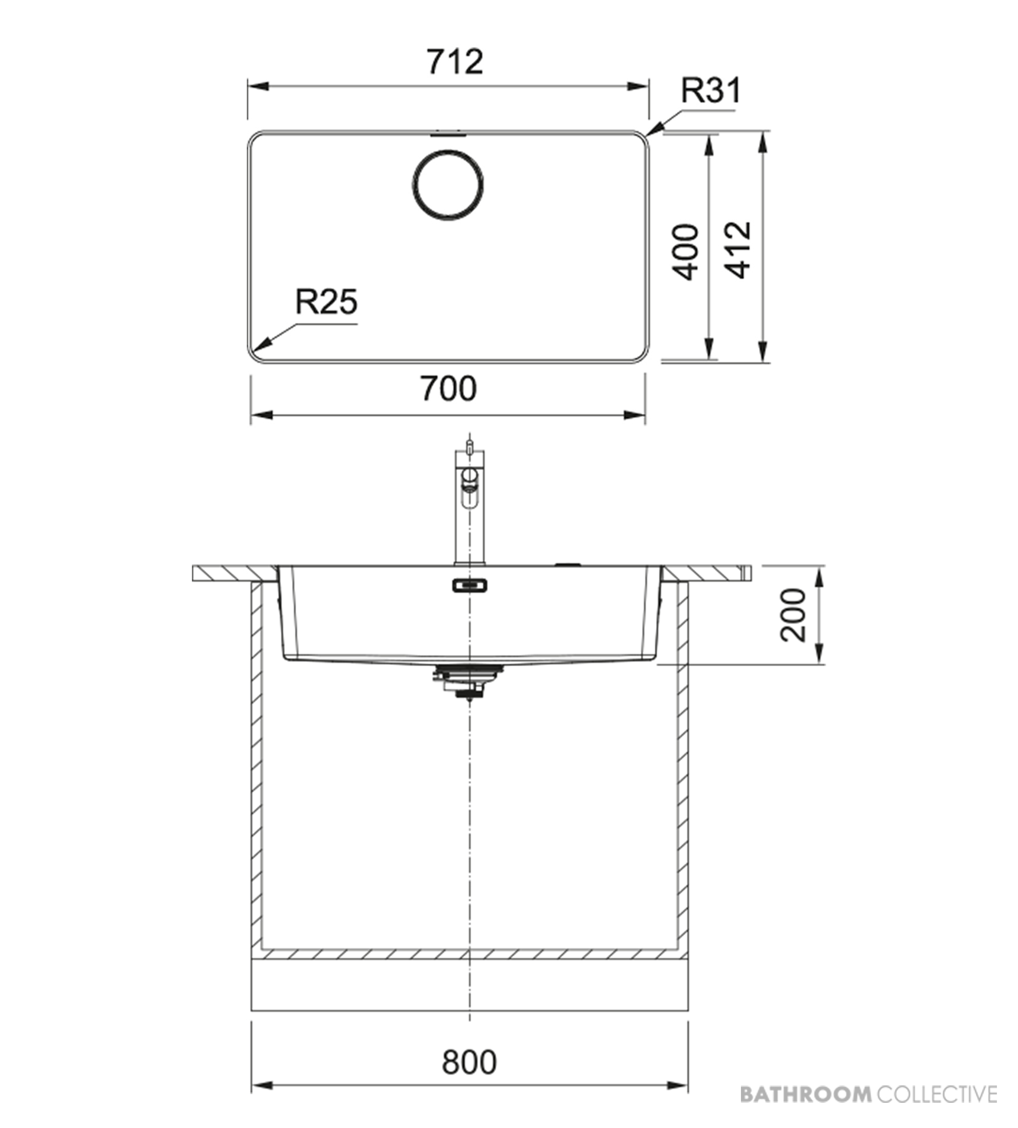 Franke Mythos Top & Flush Mount Single Bowl Sink 712mm, PB835, RM081, DT288, Stainless MYX210-70FPC