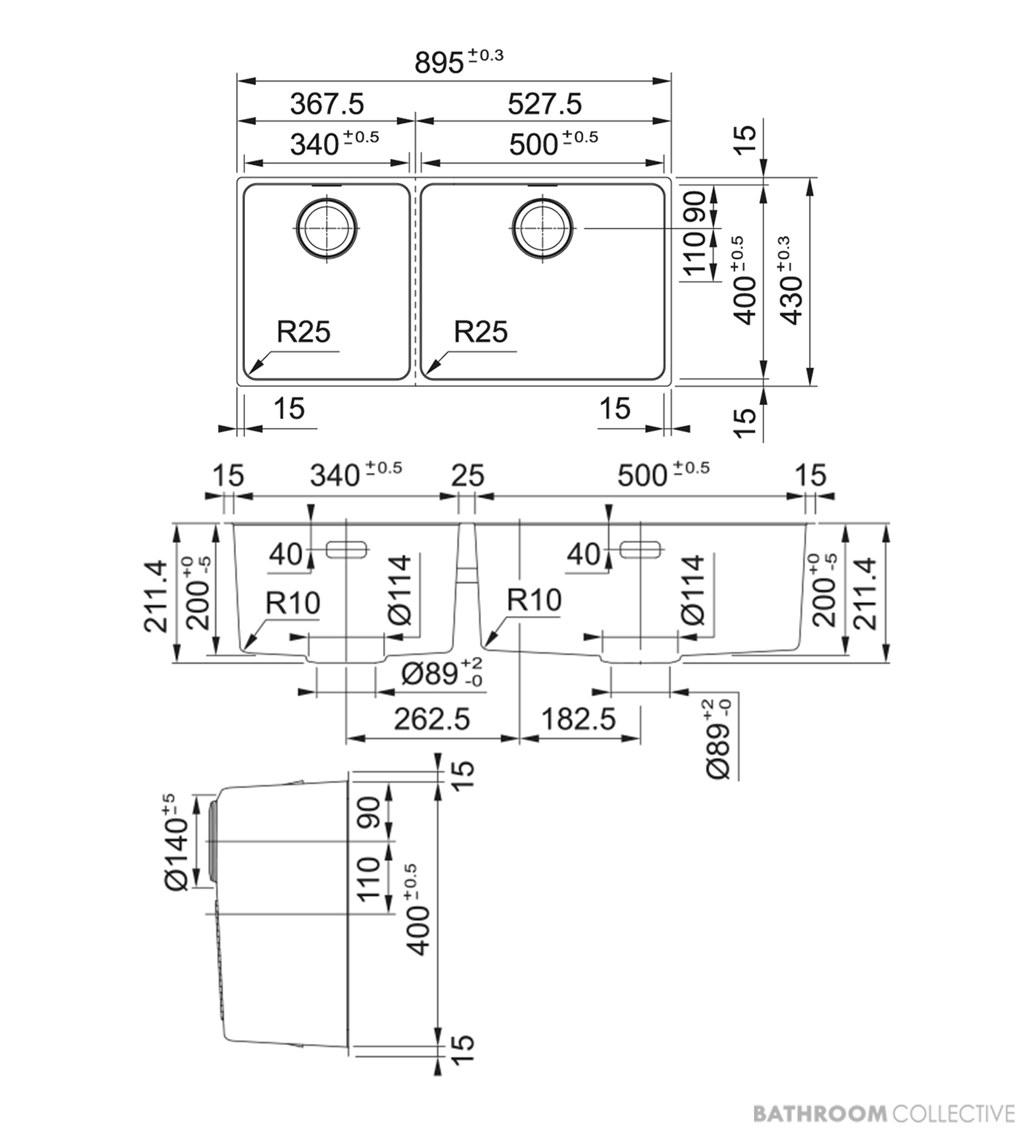 Franke Mythos Top, Flush & Under Mount Double Bowl Sink 895mm, SBL, Stainless MYX220-50/34BSBL