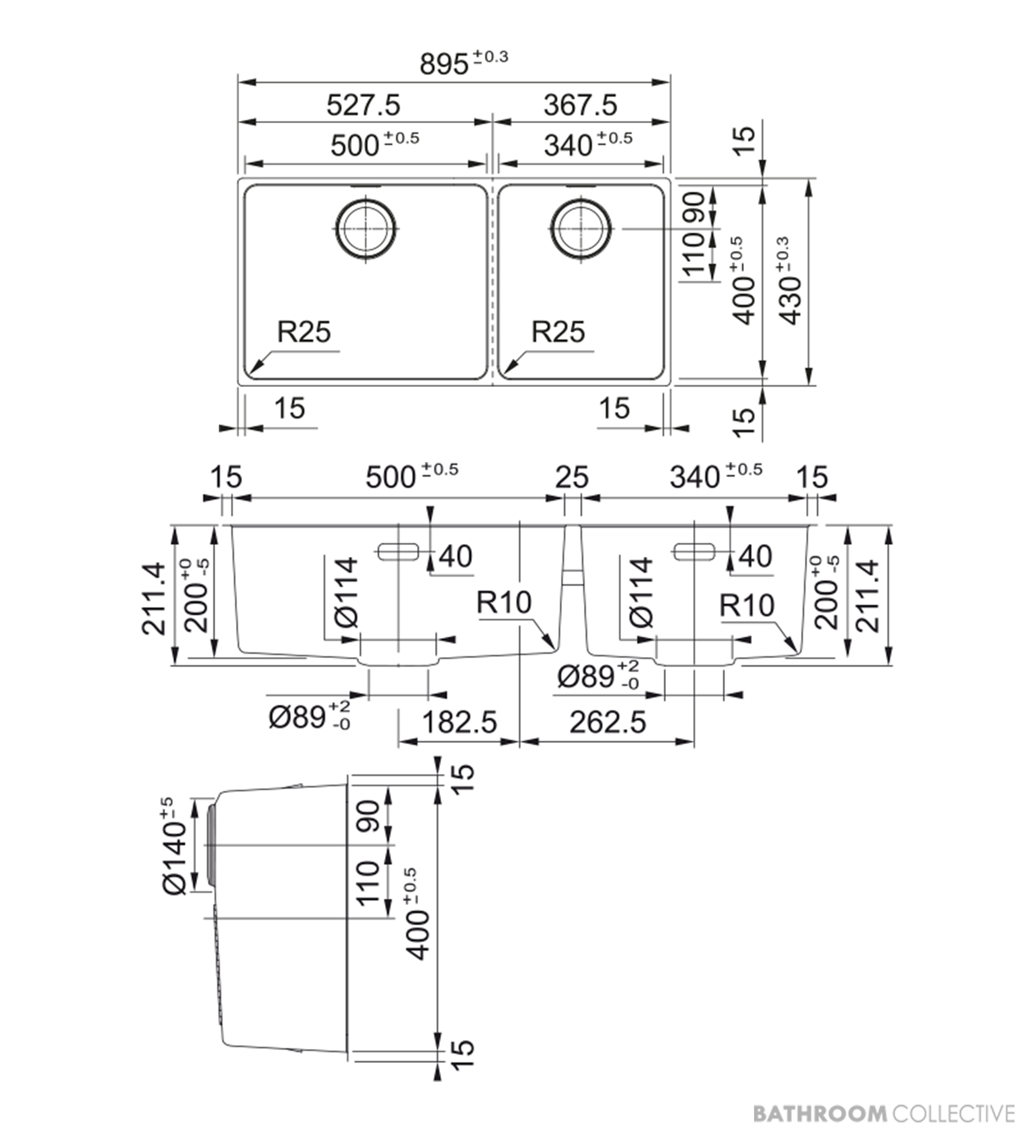 Franke Mythos Top, Flush & Under Mount Double Bowl Sink 895mm, SBR, Stainless MYX220-50/34BSBR