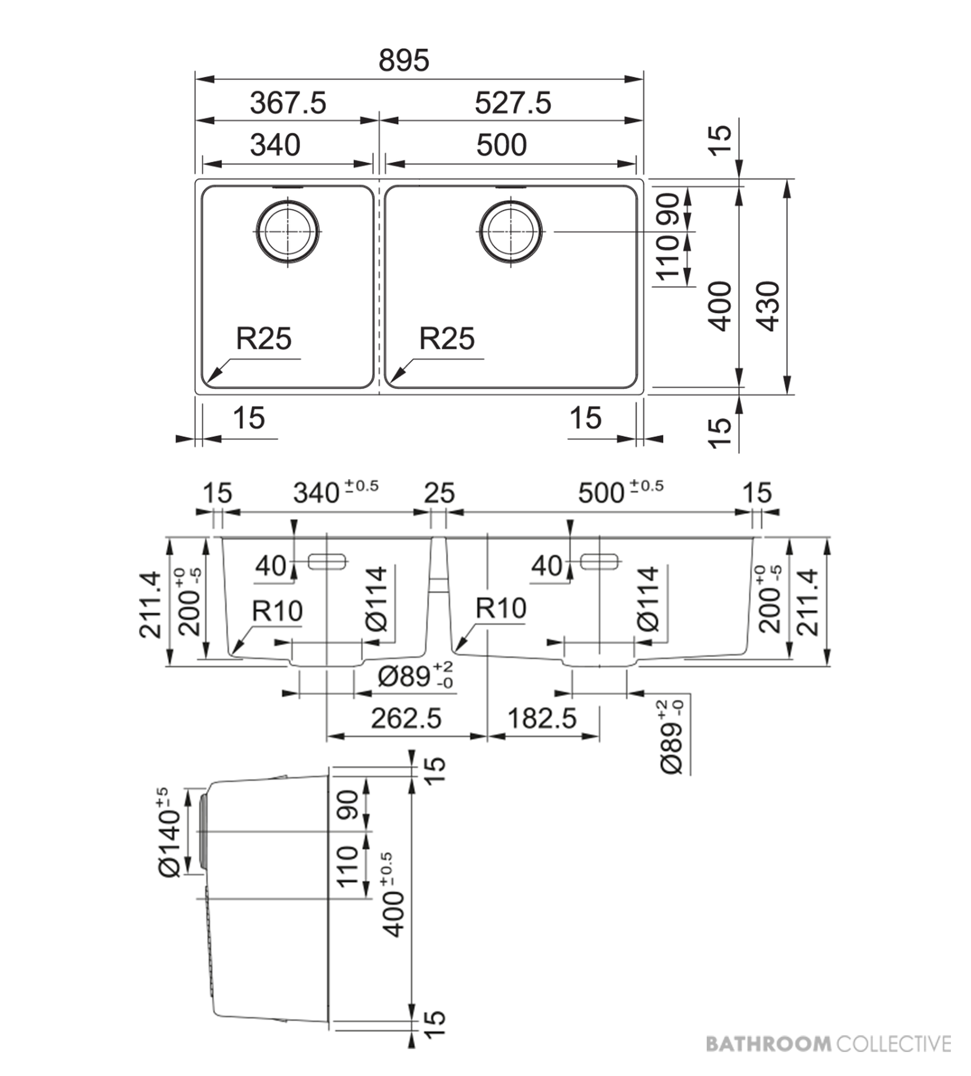 Franke Mythos Top, Flush & Under Mount 1 & 1/2 Double Bowl Sink 895mm, SBL, PB835, RM081, DT288, Stainless MYX220-50/34FPCSBL