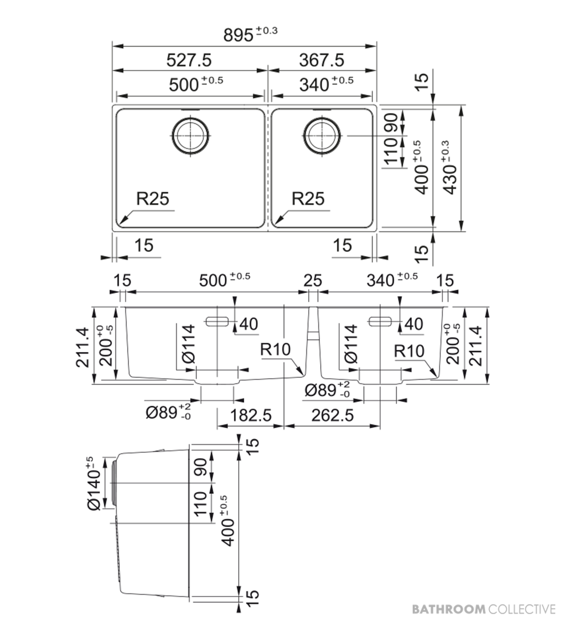 Franke Mythos Top, Flush & Under Mount 1 & 1/2 Double Bowl Sink 895mm, SBR, PB835, RM081, DT288, Stainless MYX220-50/34FPCSBR